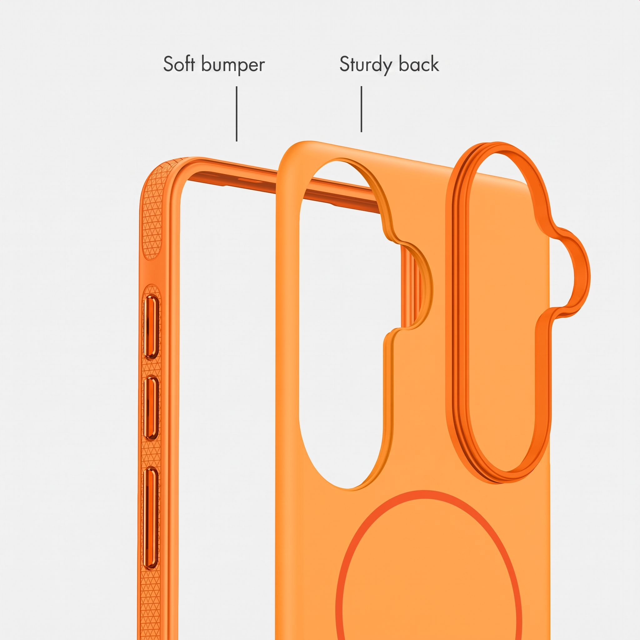 Oranger Smartphone-Fall mit weichem Bumper und stabiler Rückseite, beschriftet mit Soft bumper und Sturdy back.