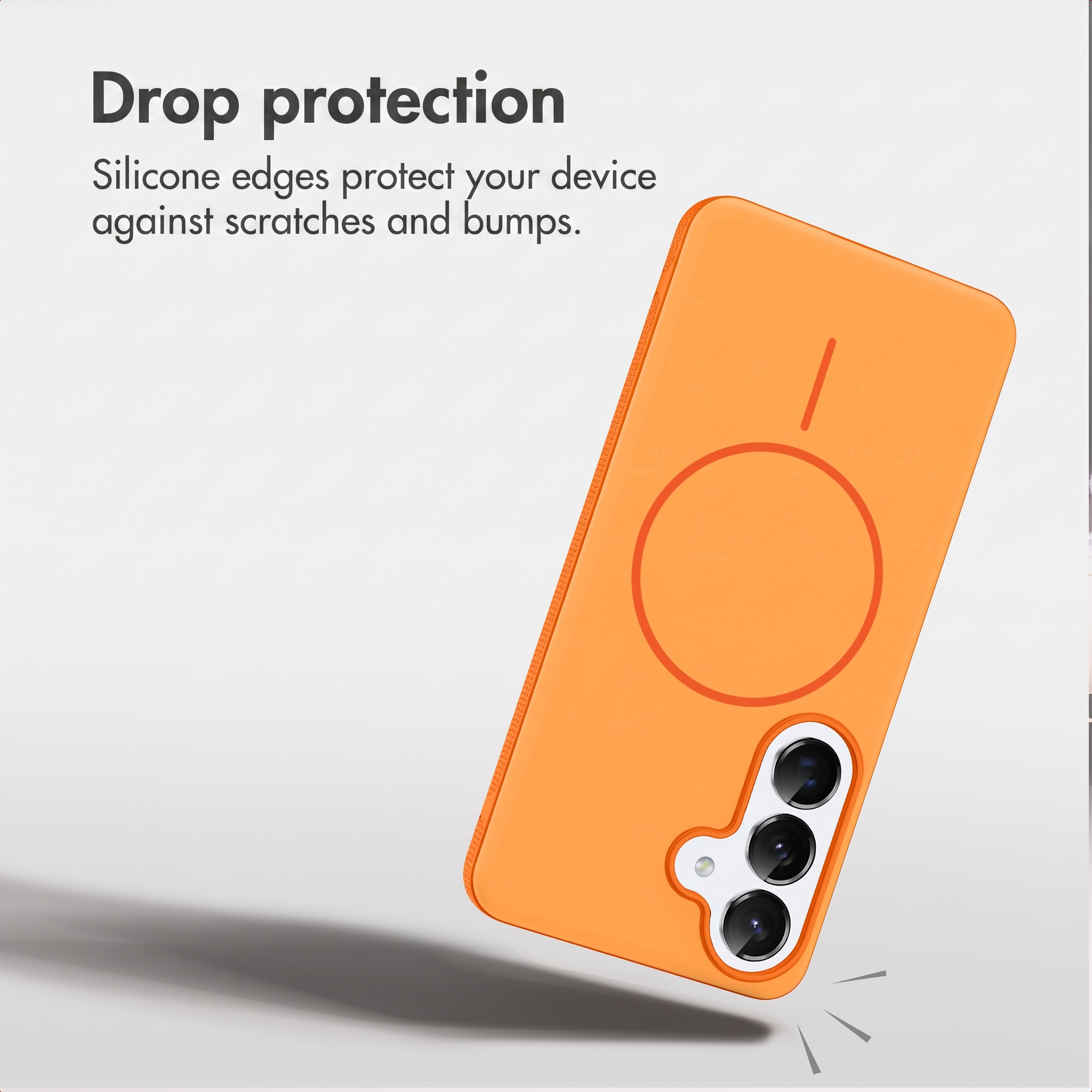 Eine orangene Smartphone-Hülle auf hellem Hintergrund mit Text zur Fallschutz.