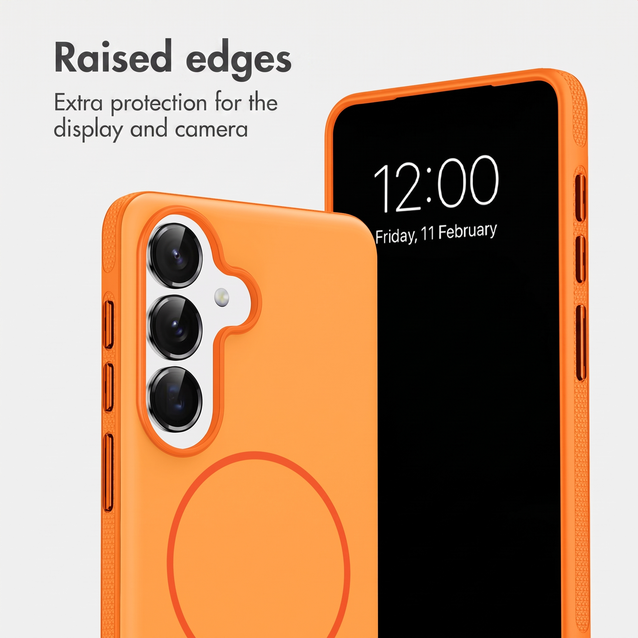 Zwei orange Schutzhüllen von vorne und hinten, Text hebt erhöhte Kanten hervor.