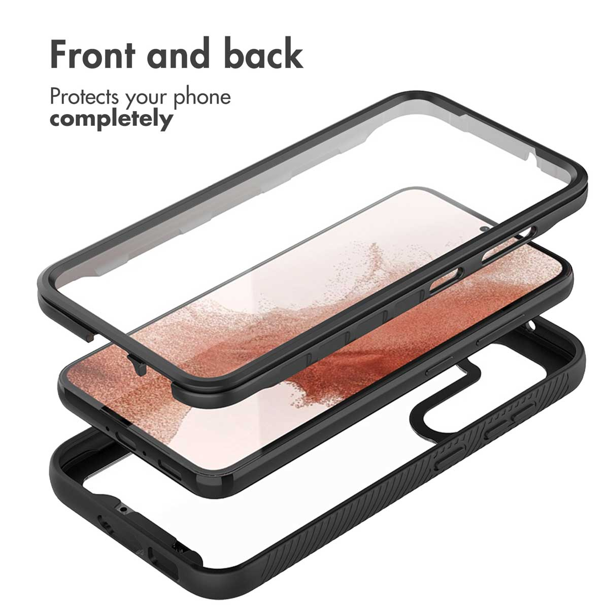 Vista despiezada de un teléfono inteligente en una funda negra con cubiertas delantera y trasera.