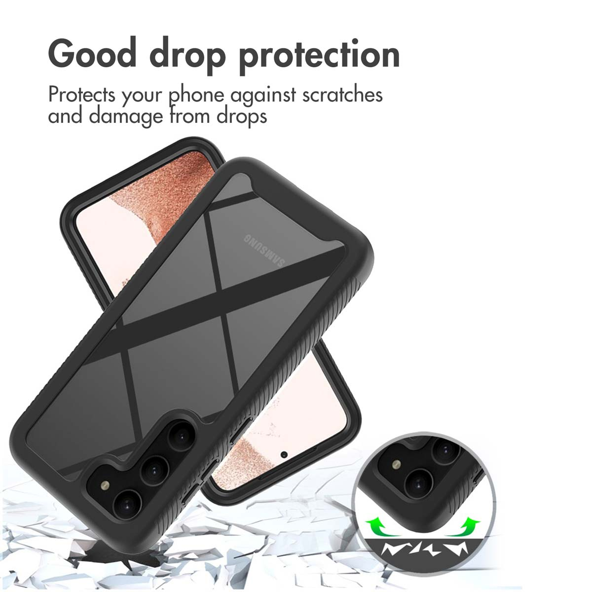 Funda protectora negra para teléfono con parte trasera transparente sobre fondo blanco.