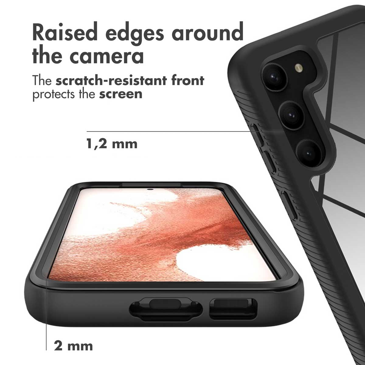 Smartphone en funda protectora con medidas de bordes elevados.