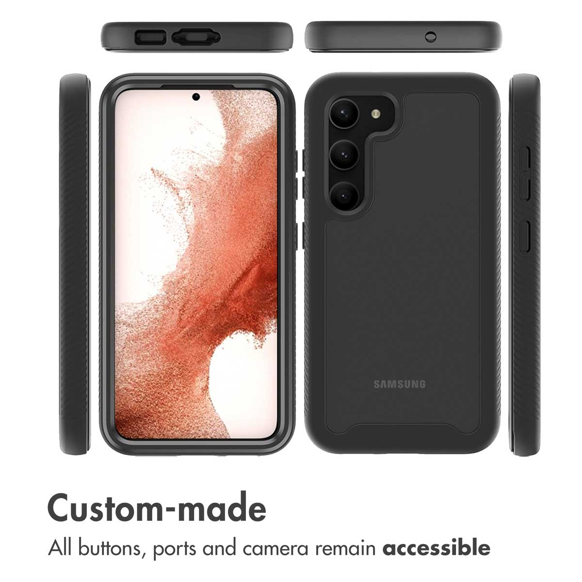 Funda protectora negra para Samsung mostrada desde varios ángulos con botones y puertos accesibles.
