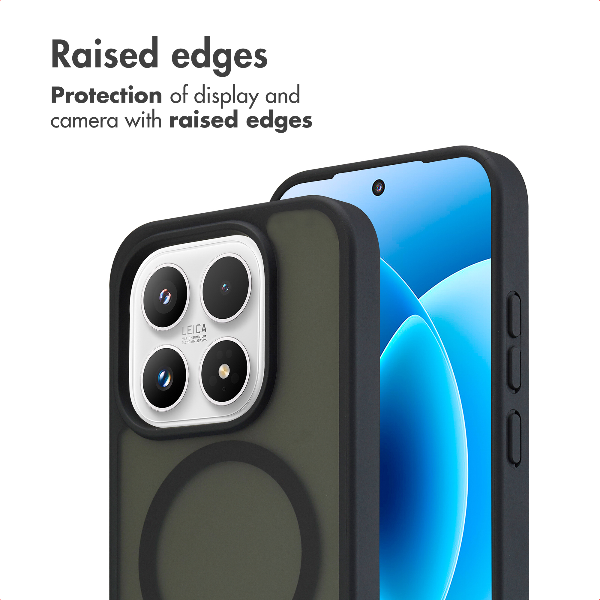 Smartphone en una funda protectora negra con bordes levantados para proteger la pantalla y la cámara.