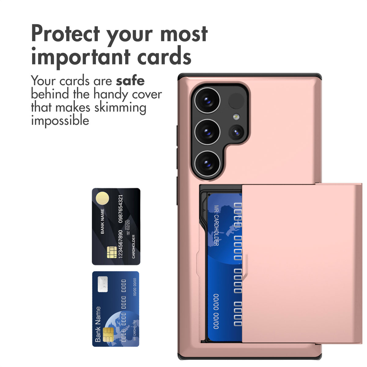 Ein roségemusterter Smartphone-Hülle mit einem Kartenfach auf der Rückseite zeigt Kreditkarten.