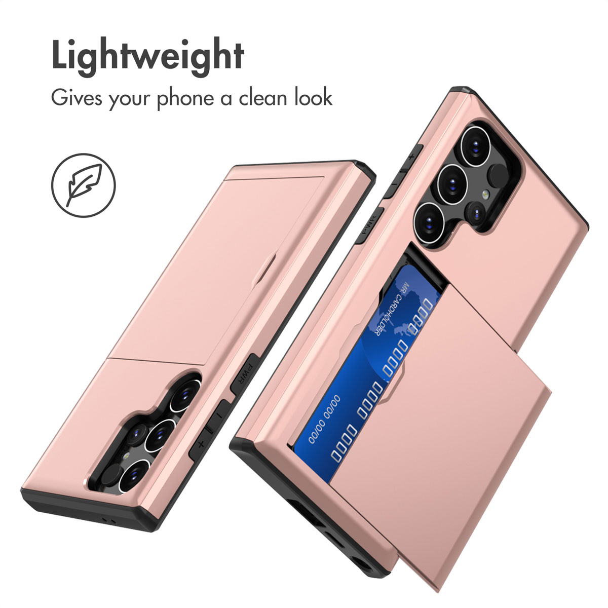 Zwei rosa Smartphone-Hüllen, eine mit integriertem Kartenfach und blauer Karte, vor weißem Hintergrund.