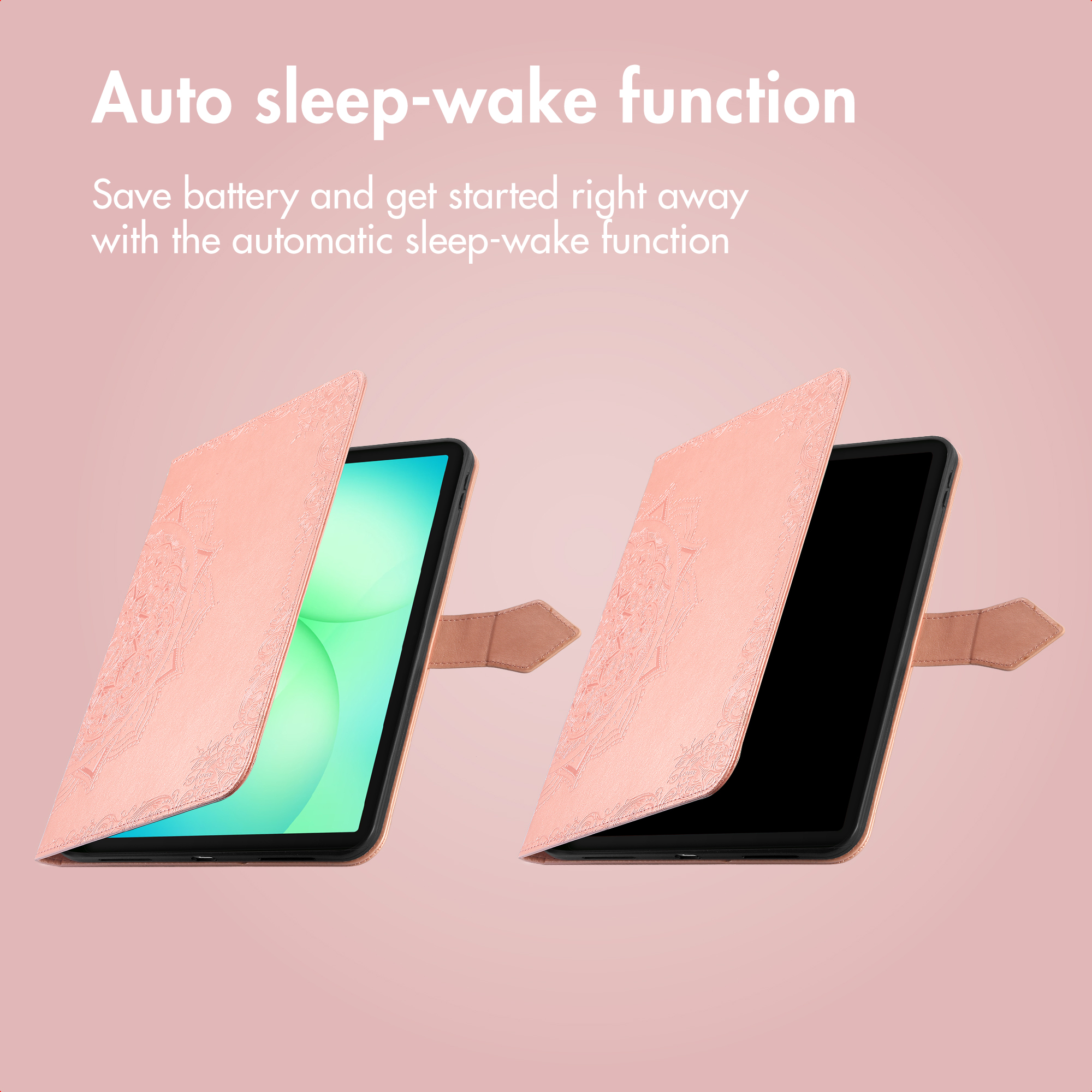 Pink tablet case demonstrating auto sleep-wake function with bright and dark screen states.