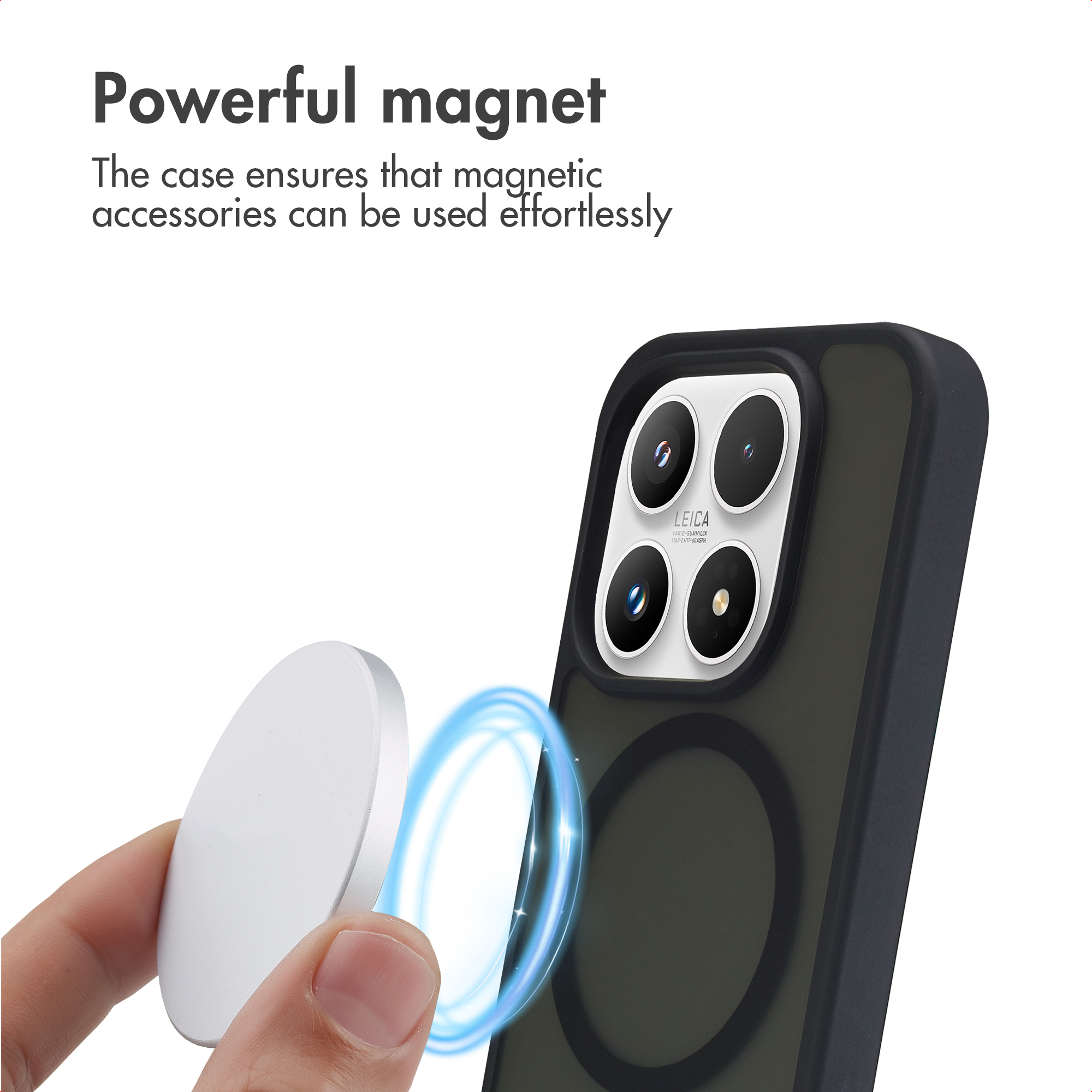 Funda de teléfono con potente imán y un accesorio circular que se acopla magnéticamente.