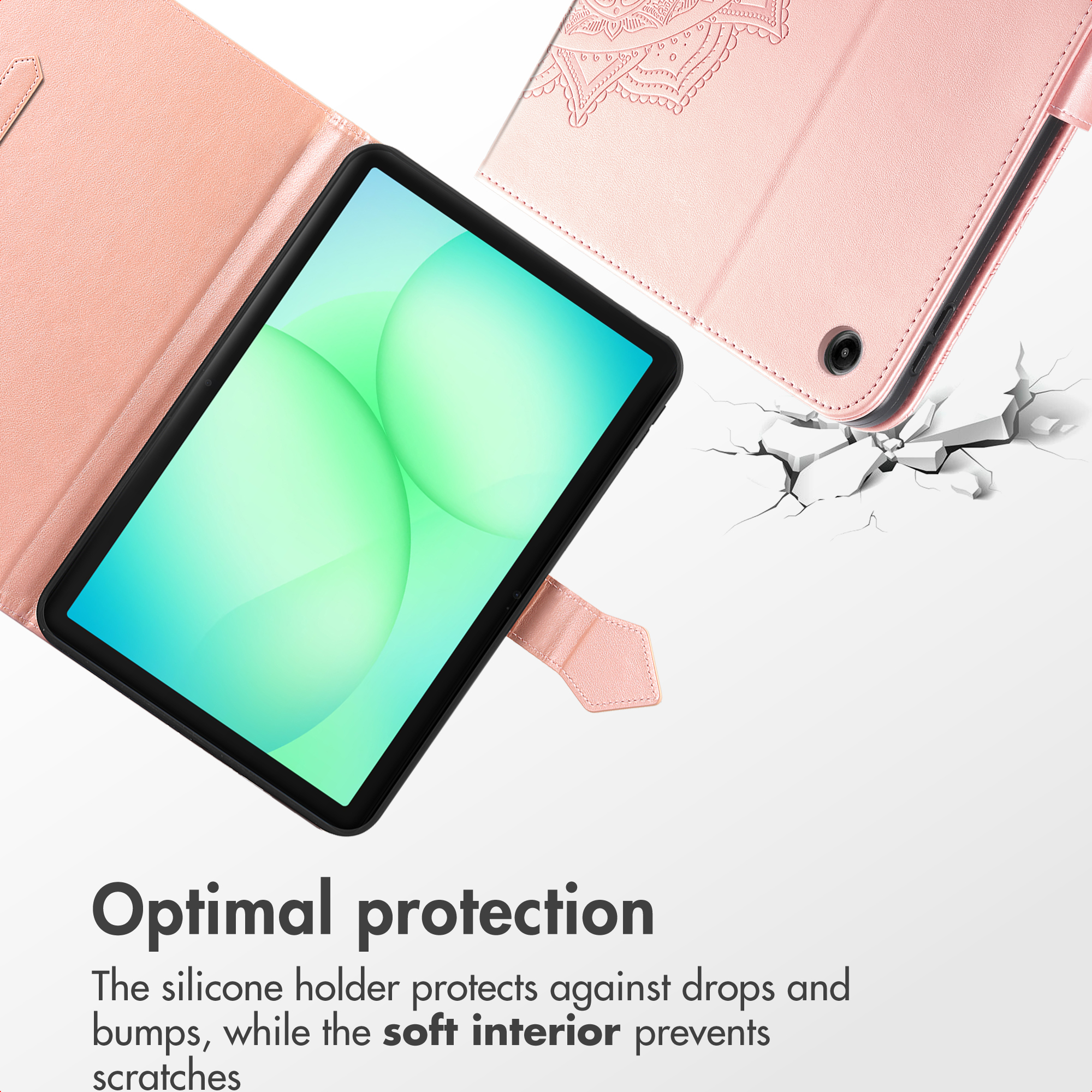 Pink protective tablet case with mandala pattern against a white background.