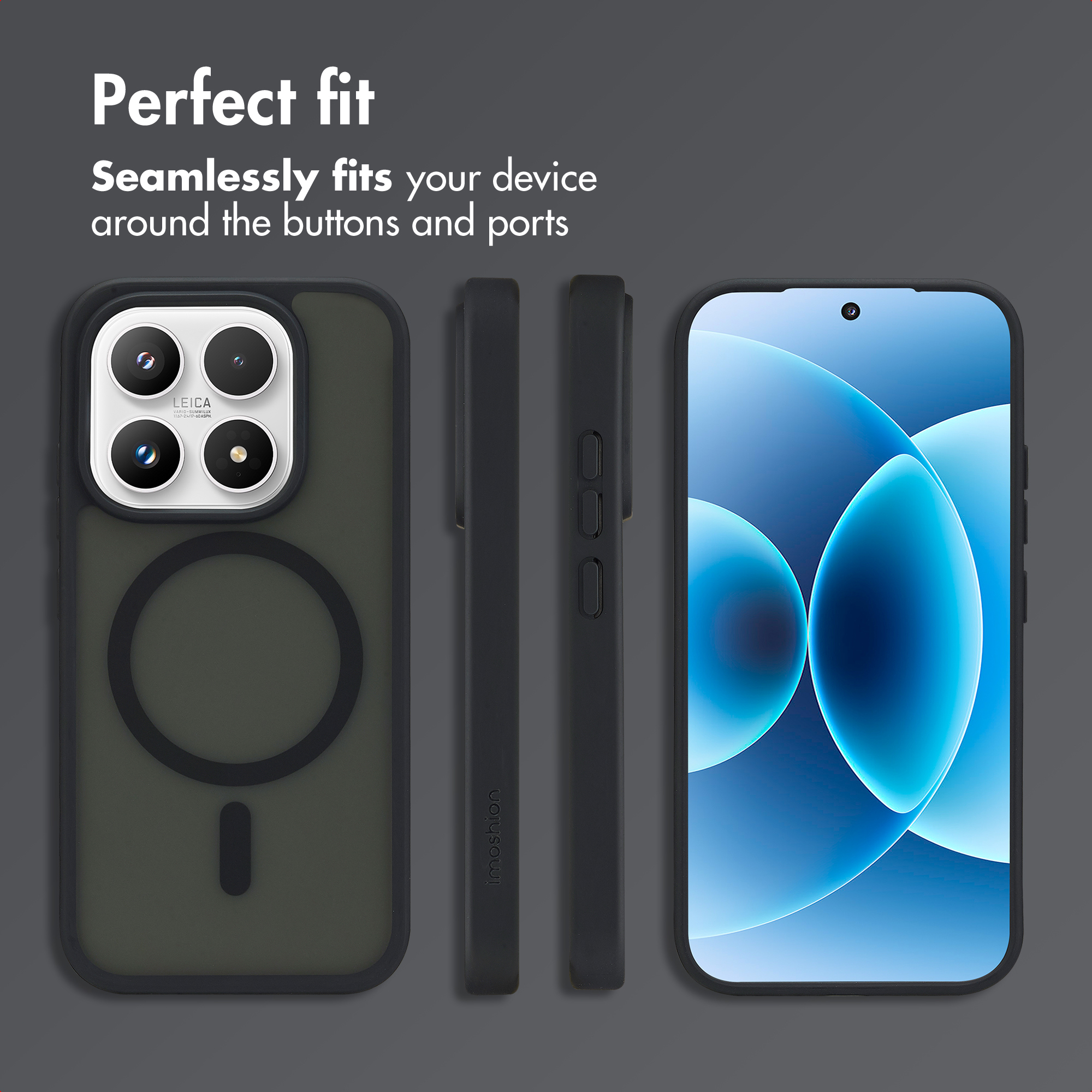 Smartphone en funda negra con anillo MagSafe, visto desde el frente, la parte trasera y el lateral.