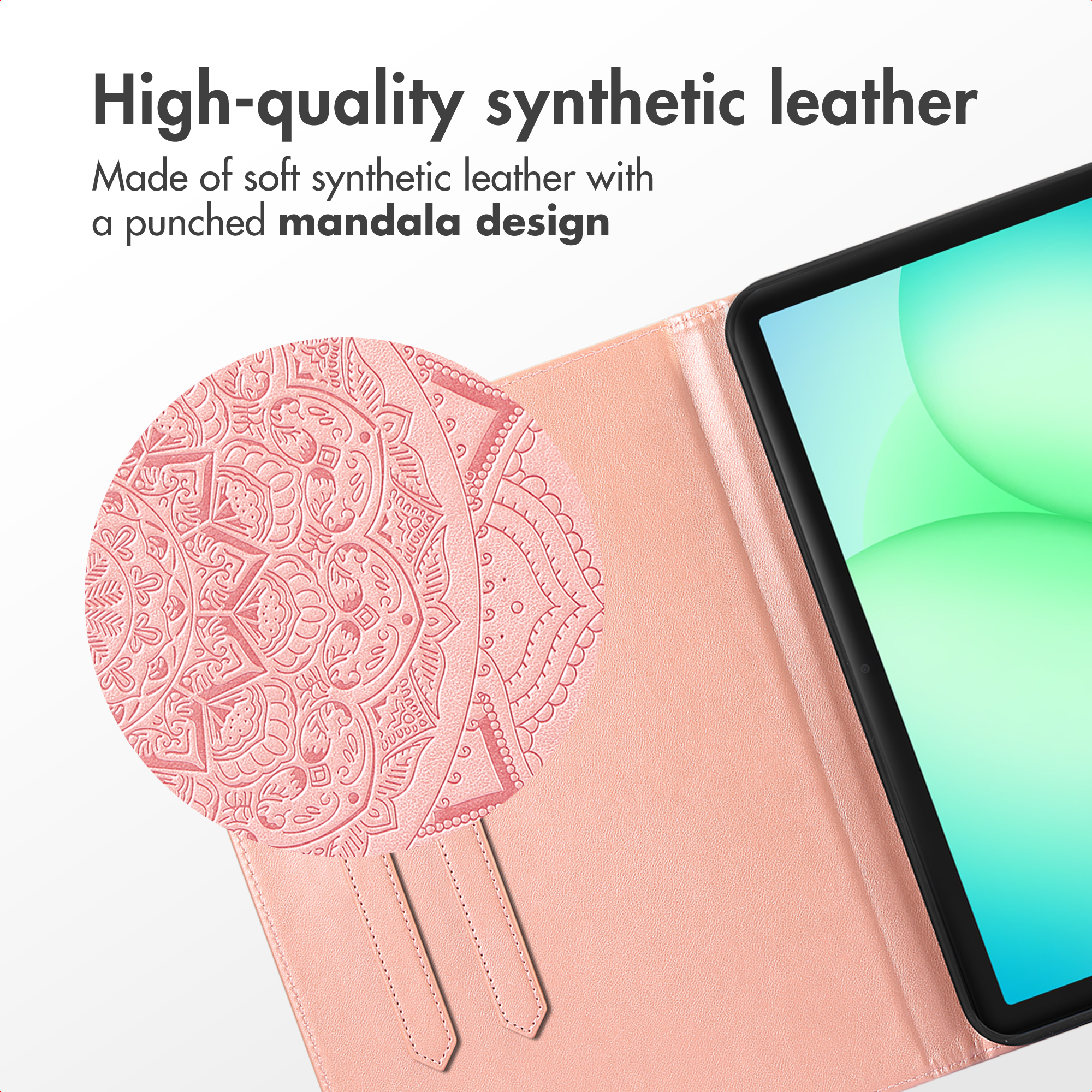 Pink synthetic leather tablet case with a mandala pattern close-up and text.