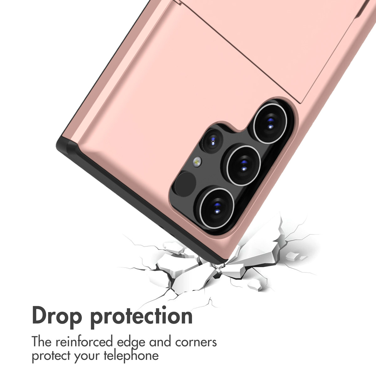 Rosa Handyhülle mit Kameraausschnitt über einer zerbrochenen Oberfläche mit der Aufschrift Drop protection.