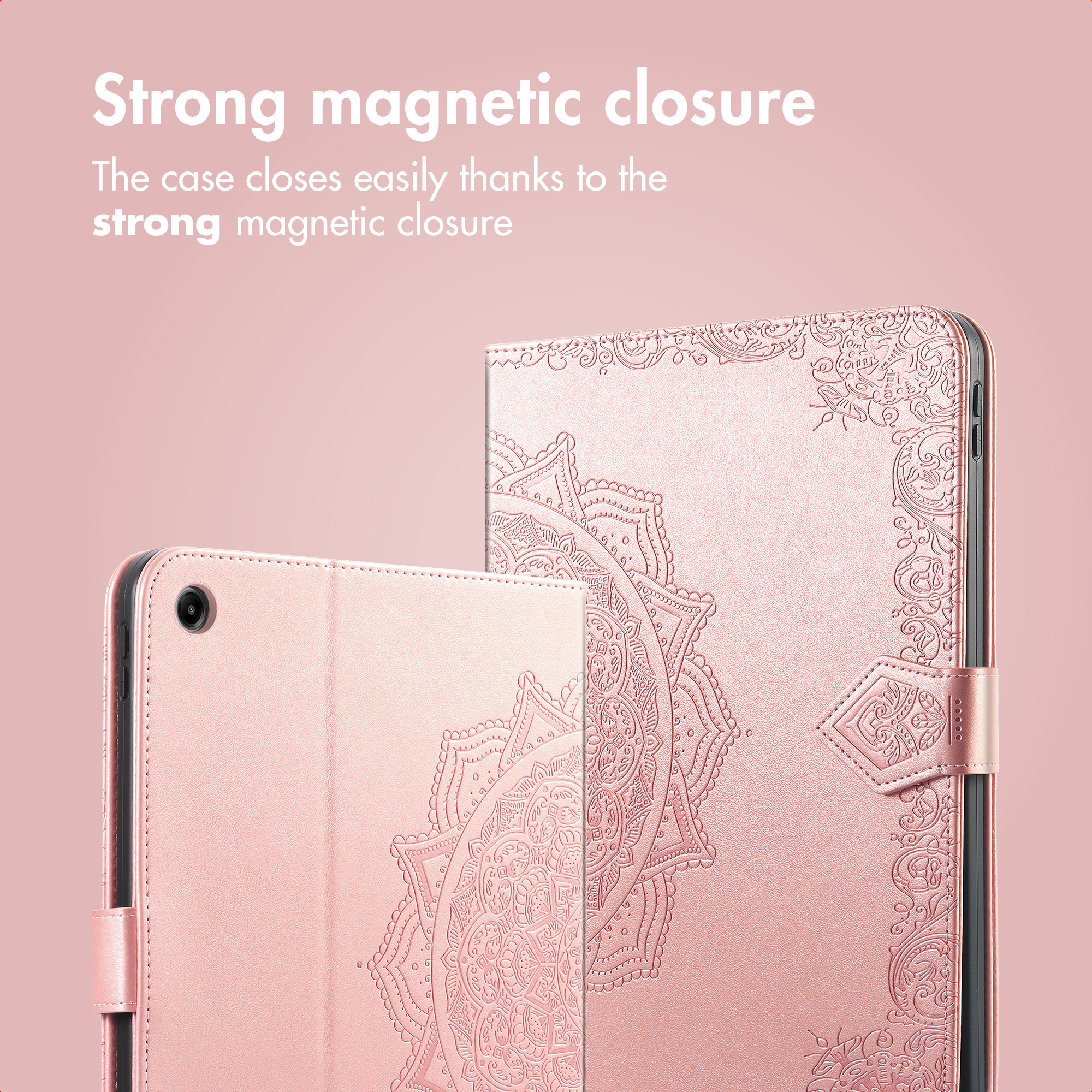 Two pink tablet cases with intricate mandala patterns against a pink background, featuring text about magnetic closure.