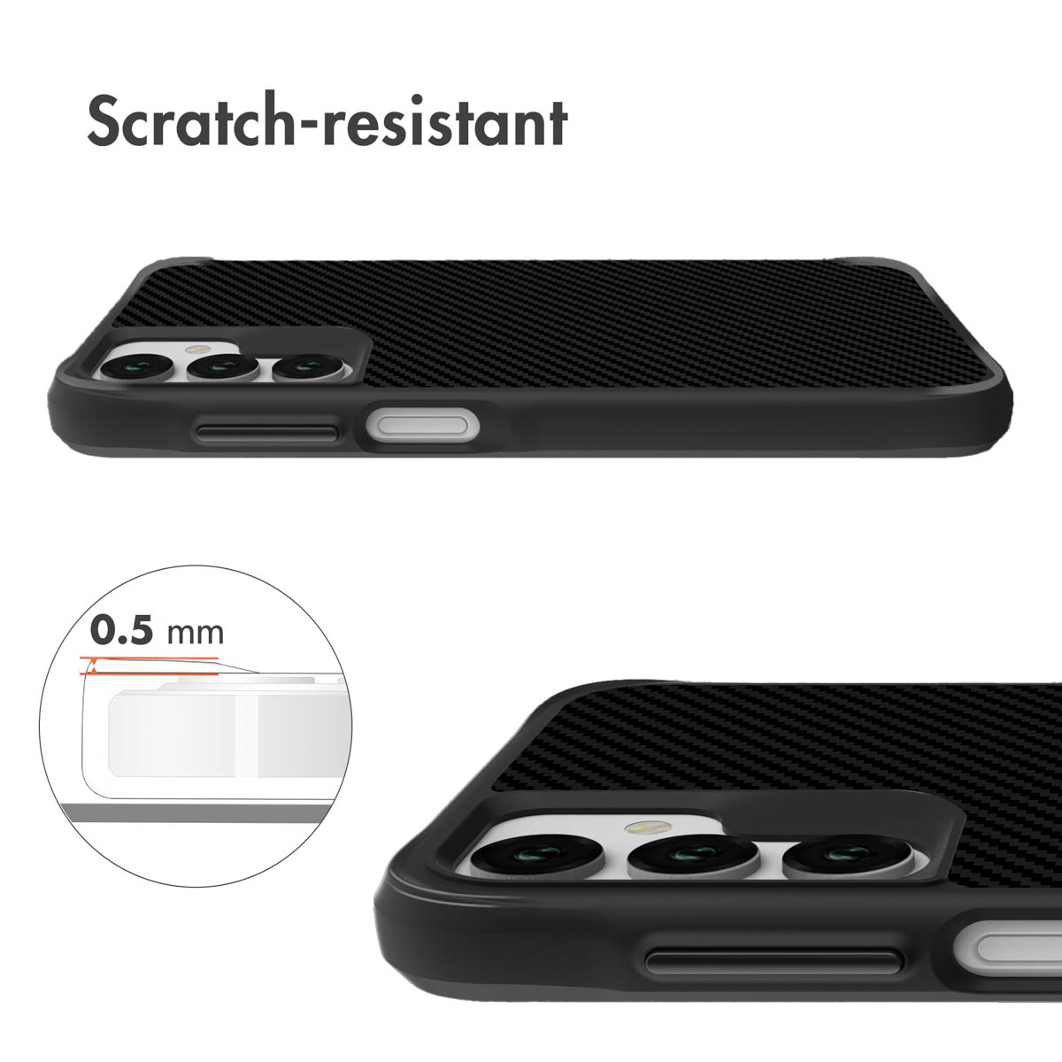 Schwarze Carbon-Schutzhülle für Smartphones mit dreifacher Kamera und 0,5 mm erhöhter Kante.