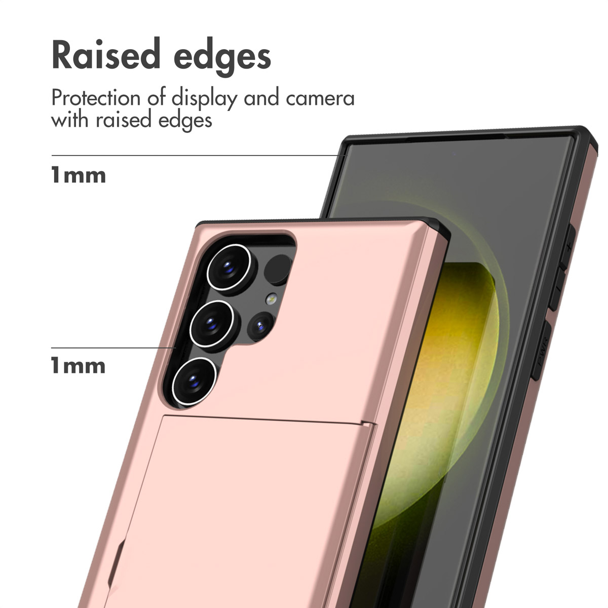 Diagramm zeigt 1mm erhöhte Kanten am Smartphone-Case für Display- und Kameraschutz.
