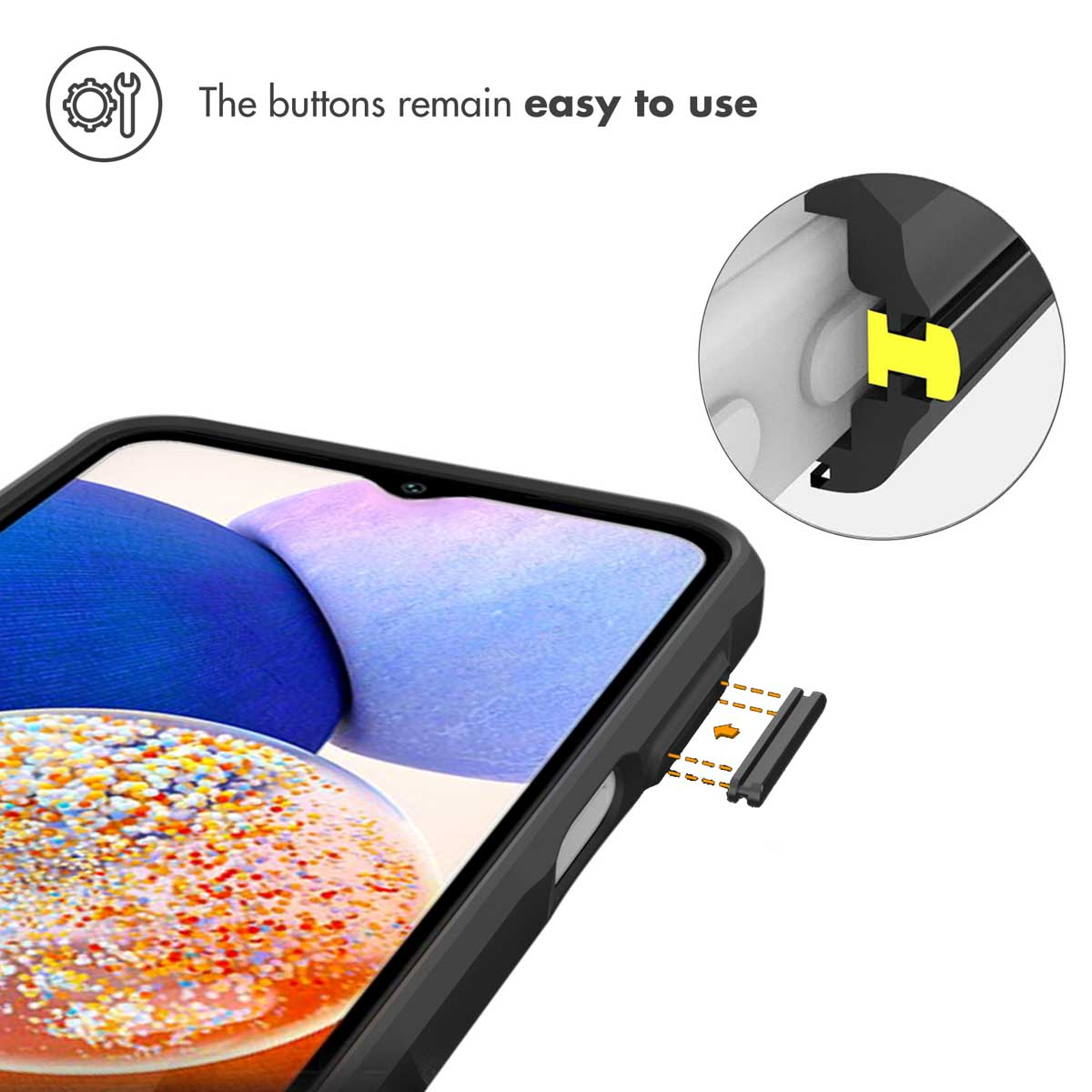 Smartphone in Schutzhülle mit Detailansicht der Knöpfe und des Gehäuses.