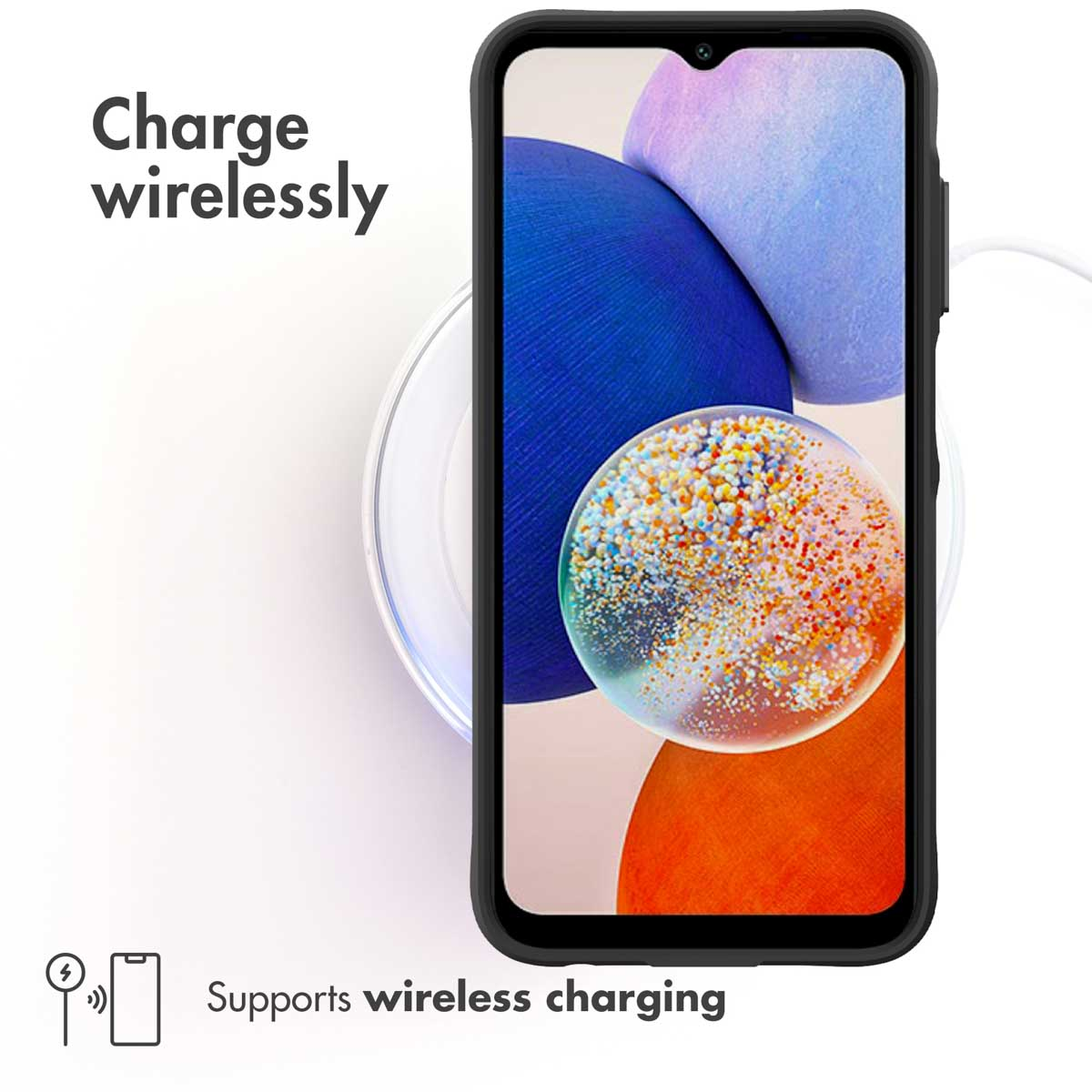 Ein Smartphone liegt auf einer runden, weißen Ladestation. Der Text lautet Charge wirelessly.
