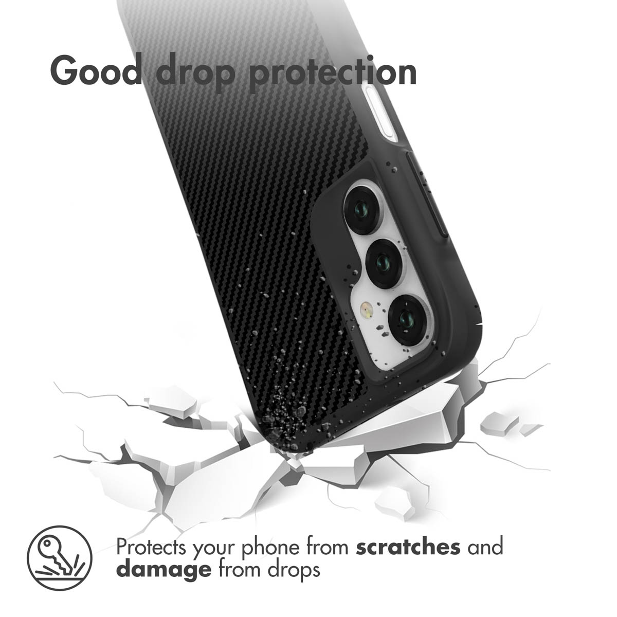 Eine schwarze Carbon-Handyhülle trifft auf rissigen weißen Boden, mit dem Text Good drop protection.