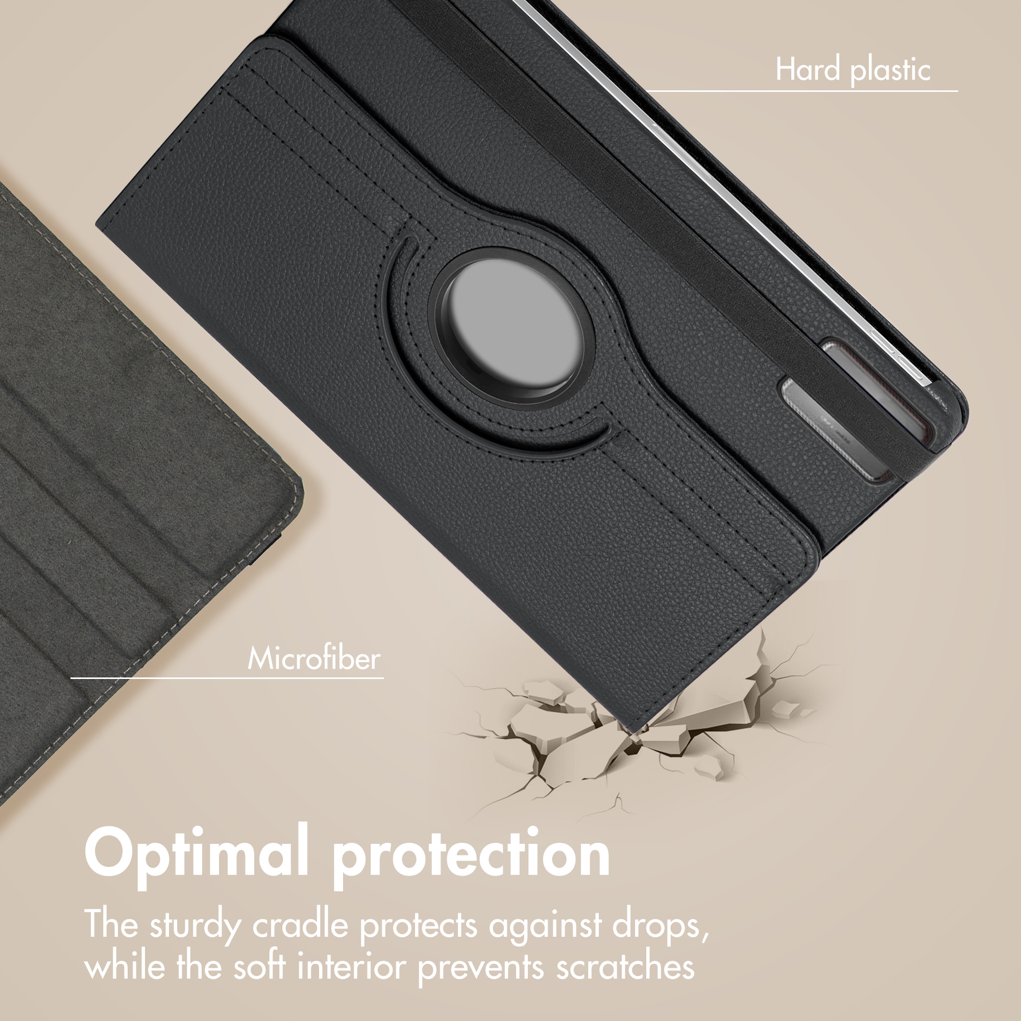 A black tablet case with hard plastic and microfiber interior for drop and scratch protection.