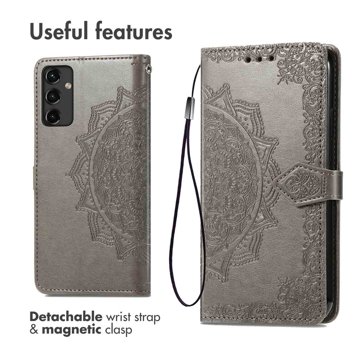 Custodia grigia per telefono con motivo mandala, laccetto da polso e chiusura magnetica.