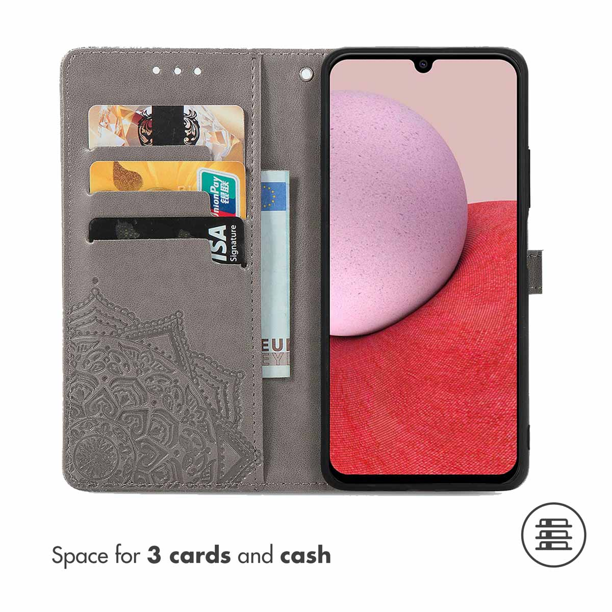 Custodia in pelle grigia con motivo mandala, tre scomparti per carte, tasca per contanti e smartphone.