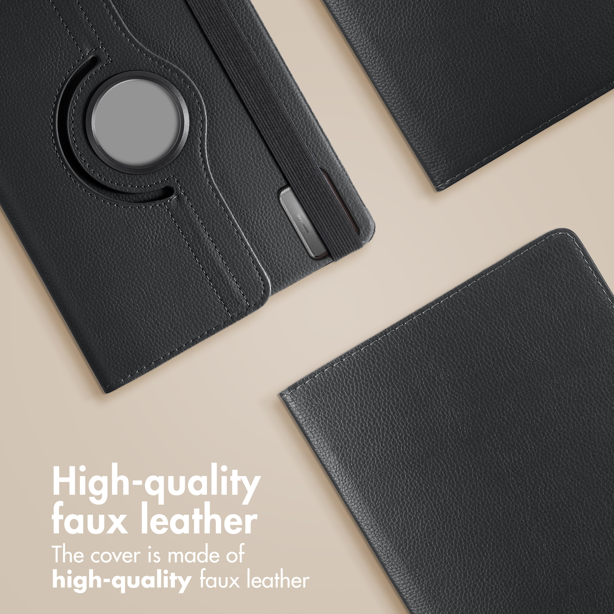 Three black faux leather tablet covers on a light background with text.