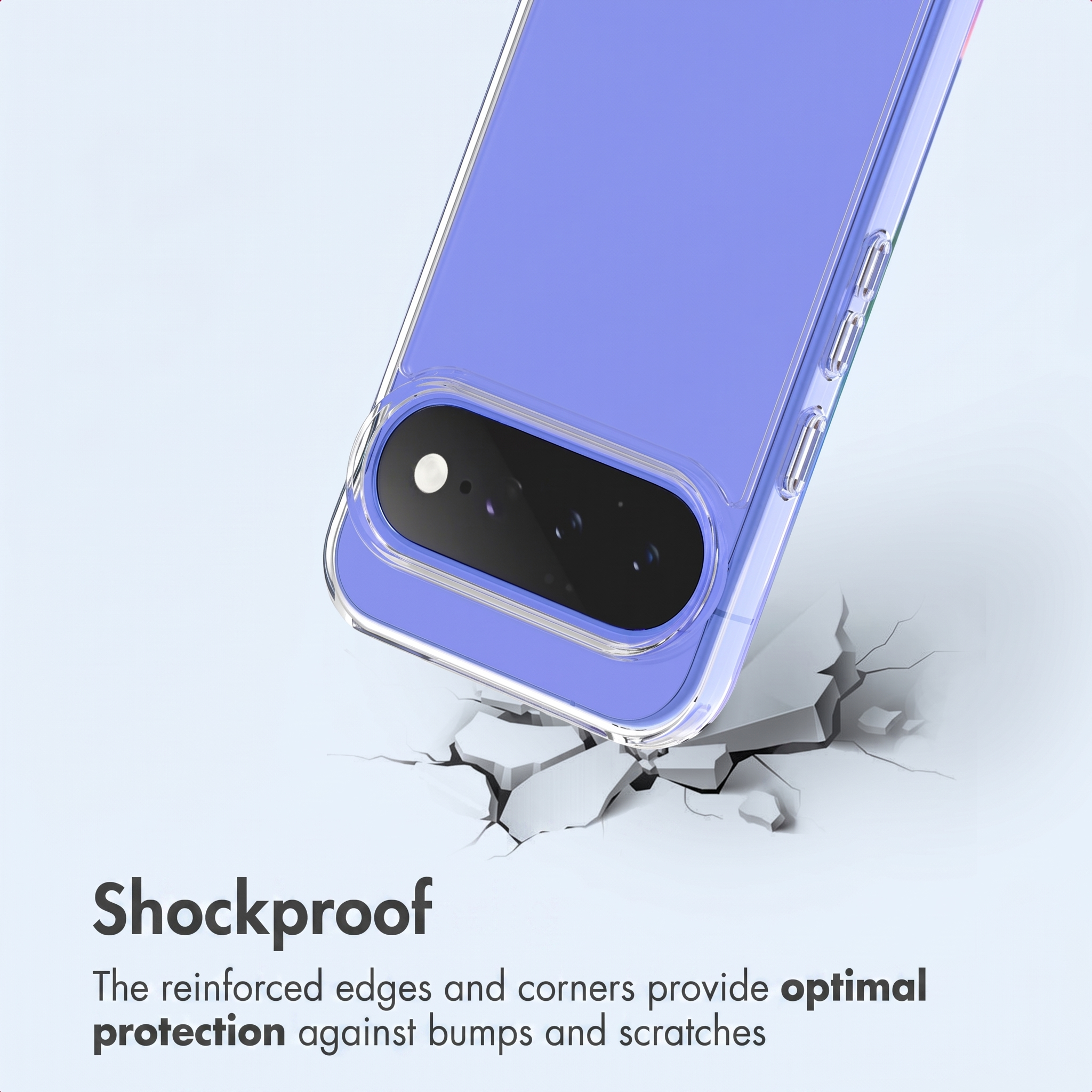 Smartphone morado con funda transparente sobre una superficie gris agrietada.