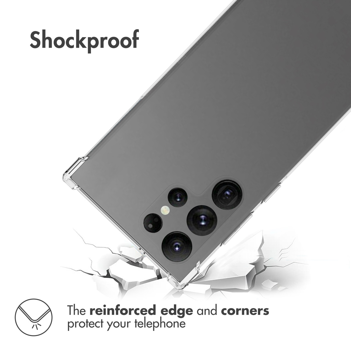 Une coque de téléphone aux coins renforcés pour une protection antichoc, présentée sur une surface fissurée.