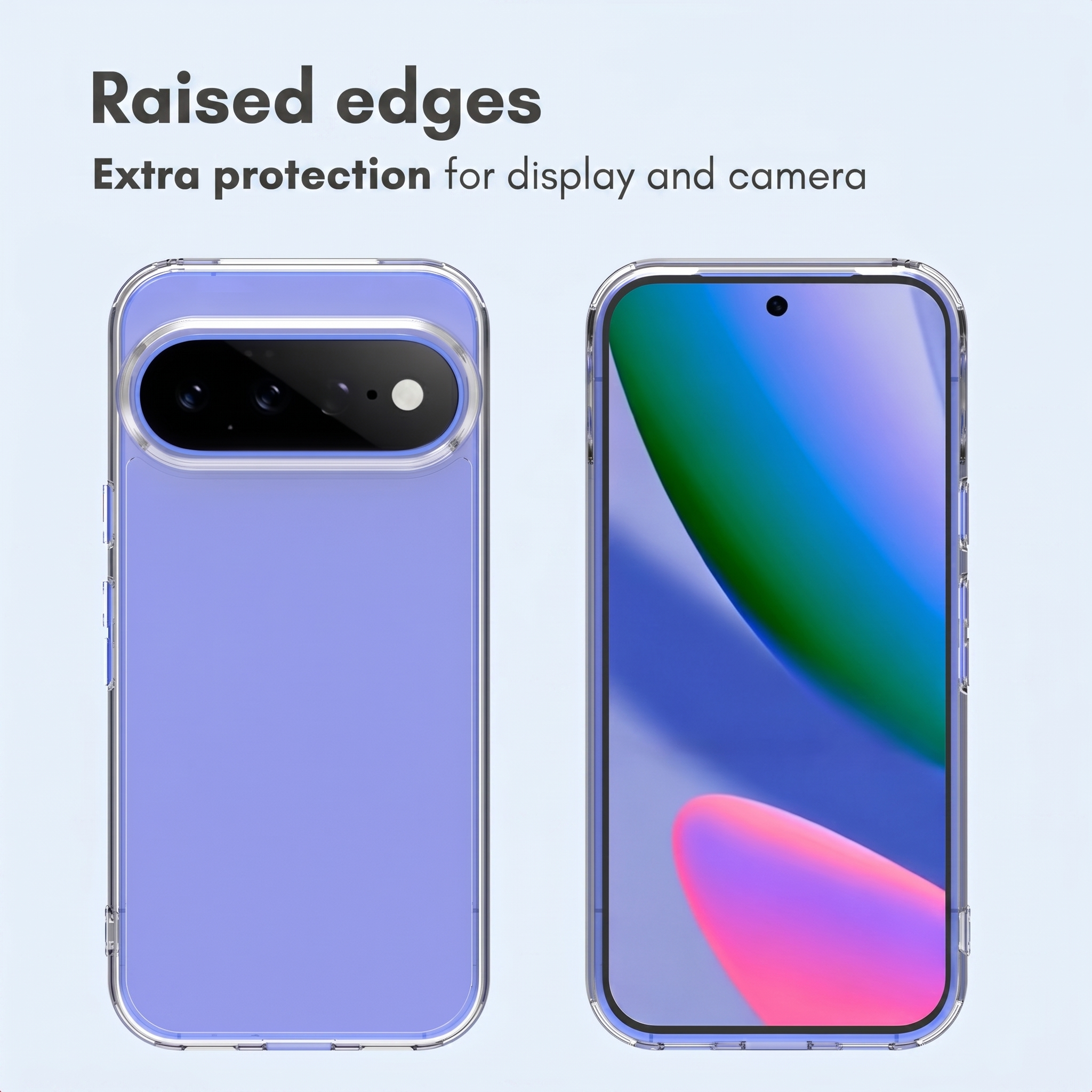 Dos vistas de un teléfono en una funda transparente, destacando bordes elevados para protección.