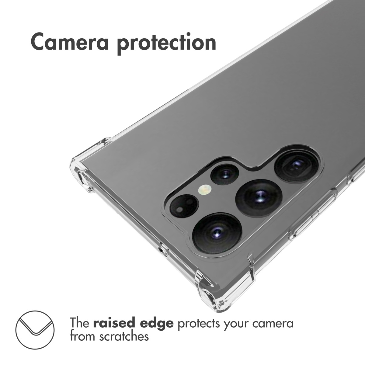 Une coque de téléphone transparente axée sur le bord surélevé protégeant la caméra.