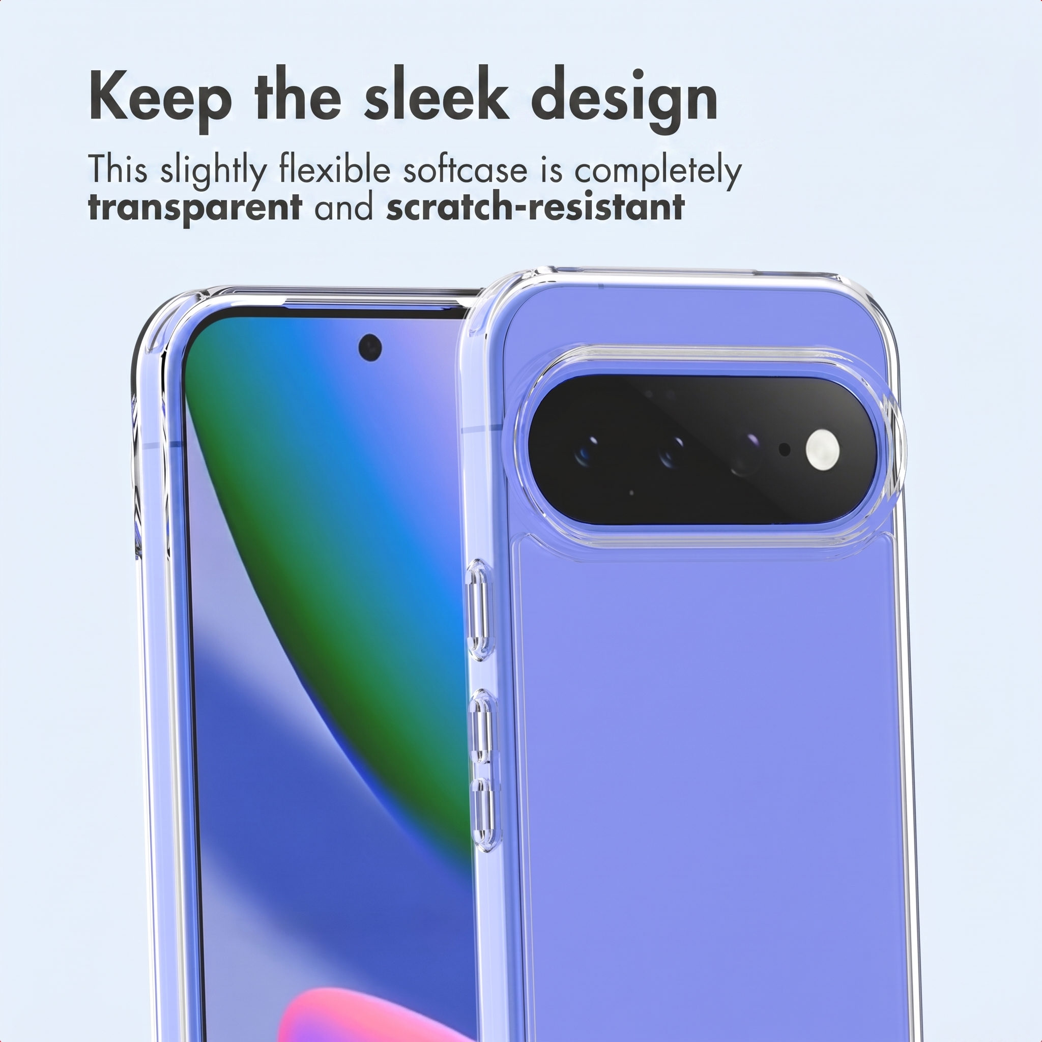 Un teléfono morado con funda protectora transparente y resistente a rayones sobre fondo azul.