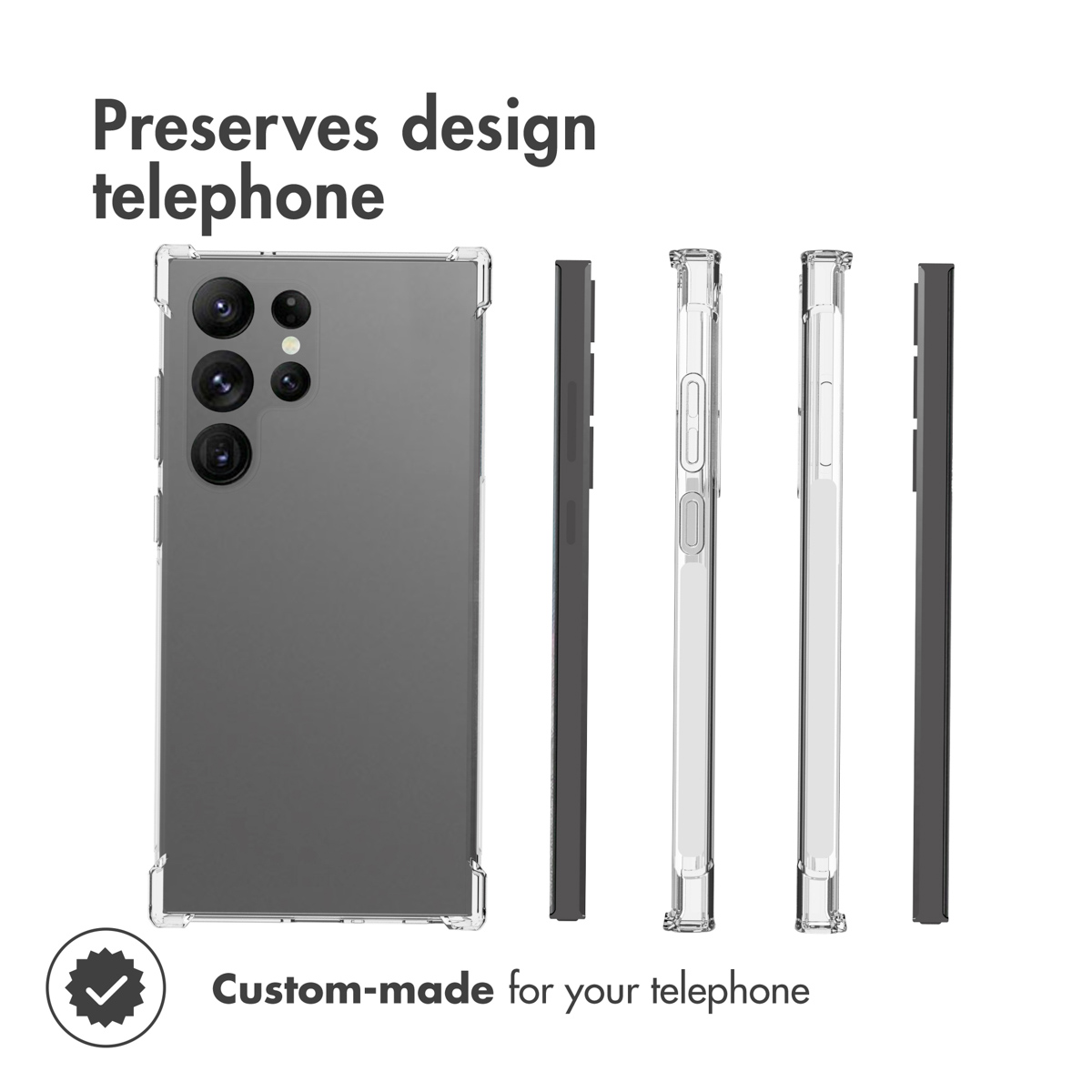 Coque de protection transparente pour le smartphone sous plusieurs angles.