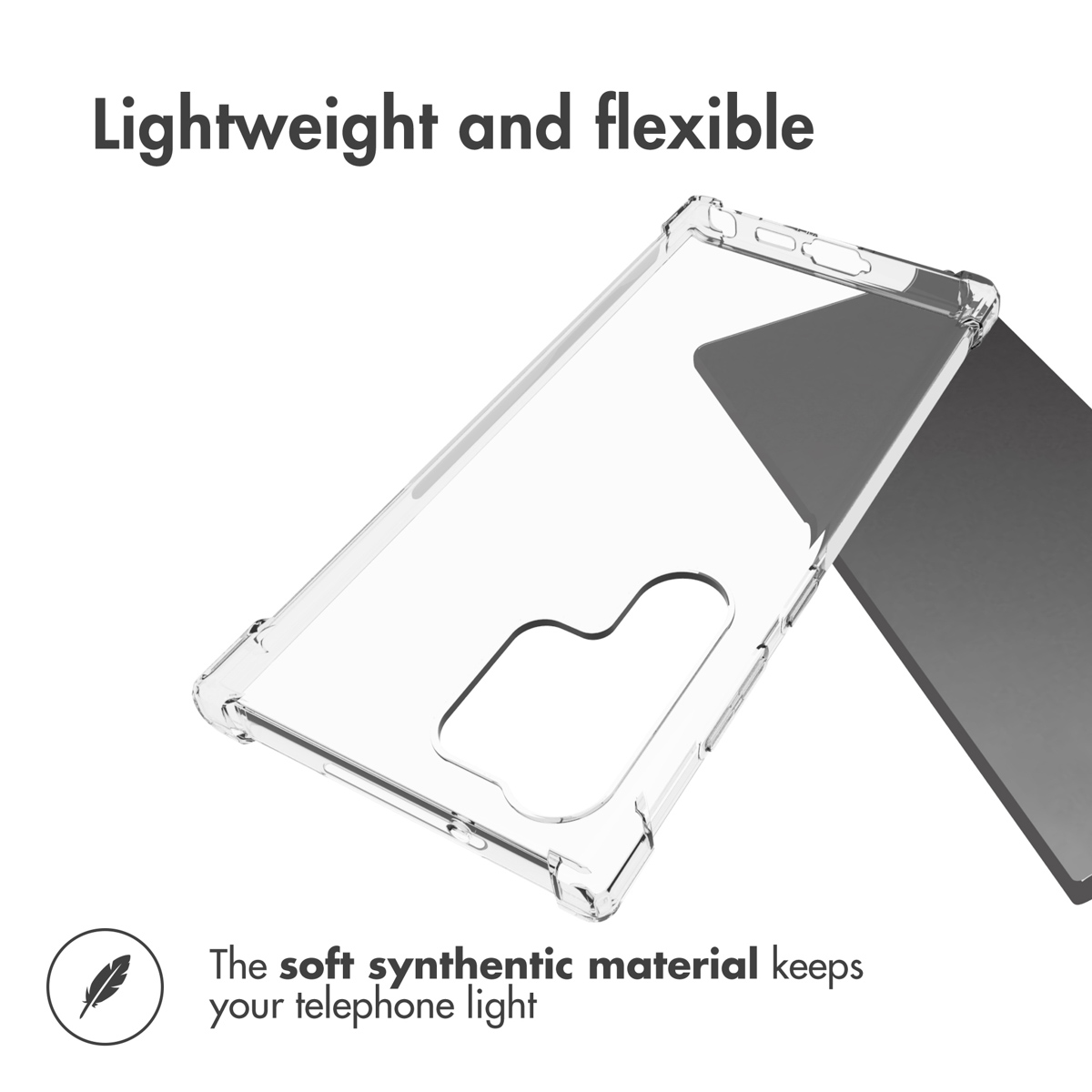 Une coque de téléphone transparente flexible repose sur une surface sombre.