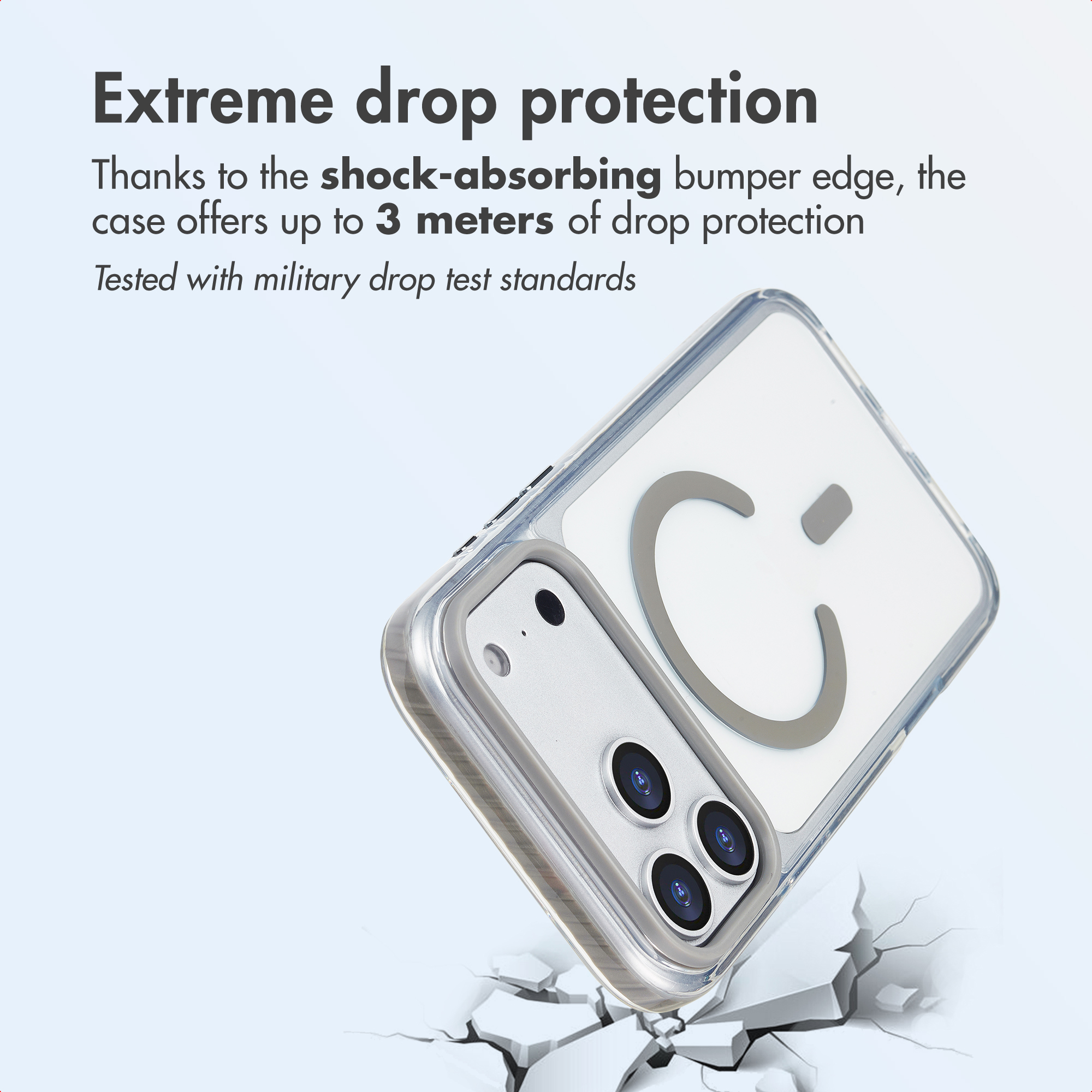 Phone case featuring extreme drop protection with military grade standards and shock-absorbing edges on a cracked background.