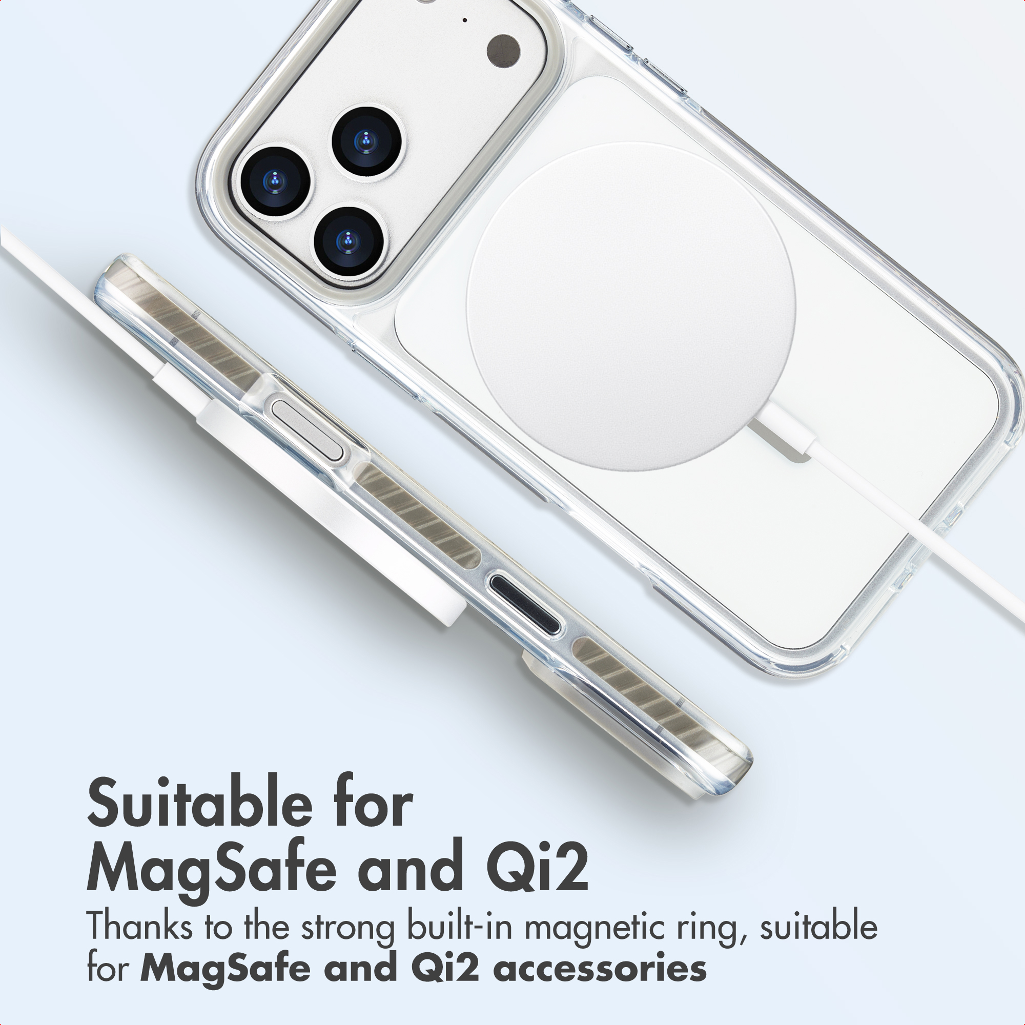 Transparent smartphone case with MagSafe charger attached, shown from back and side.
