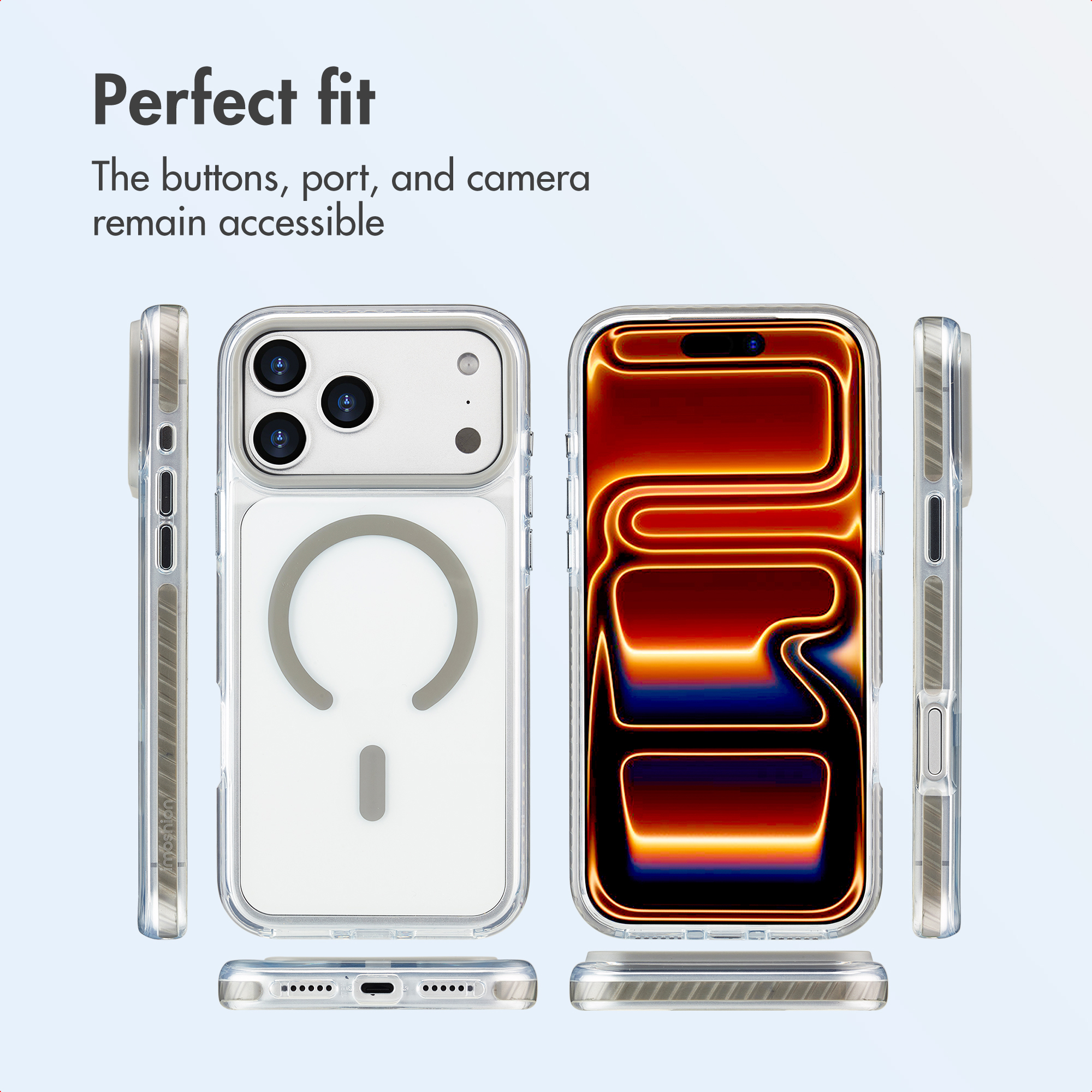 Transparent phone case showing buttons, ports, and camera access, displayed from multiple angles.