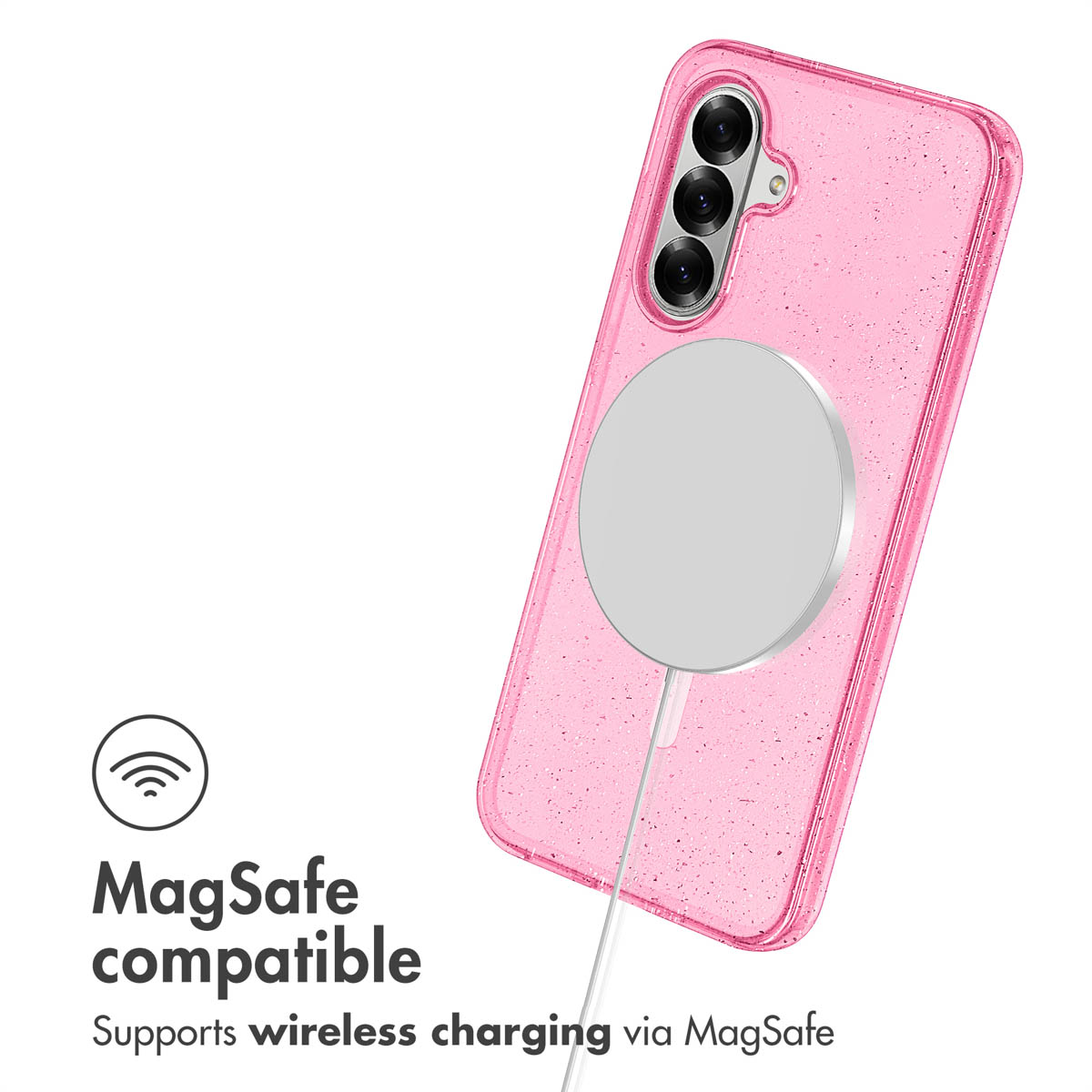 Fundador de teléfono rosa brillante con cargador magnético redondo y texto MagSafe.