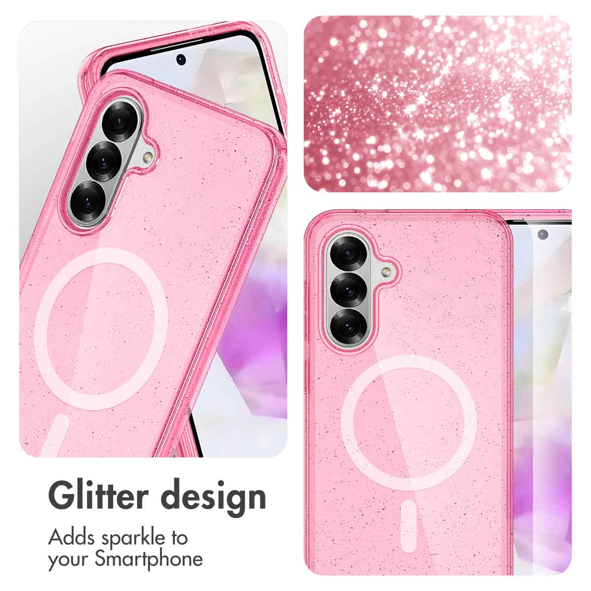 Funda rosa para smartphone con diseño de purpurina y anillo magnético.