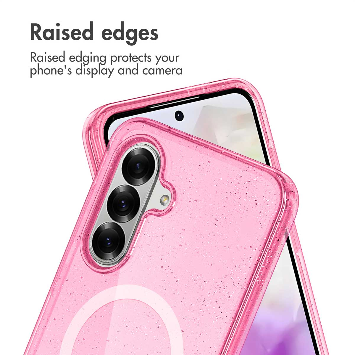 Funda de teléfono rosa brillante con bordes elevados para protección.