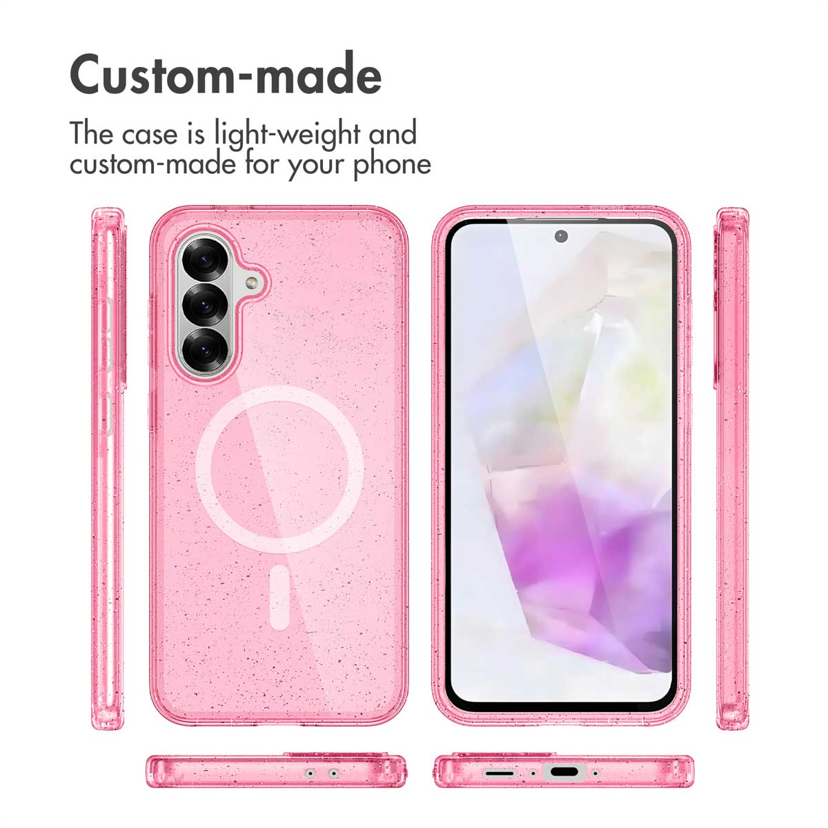 Una funda de smartphone rosa con purpurina mostrada desde varios ángulos.
