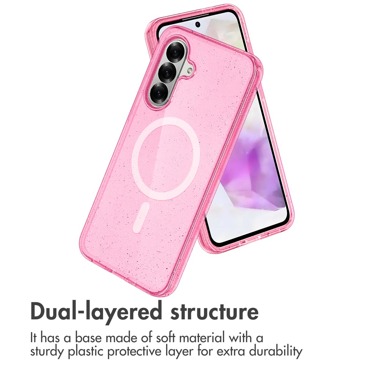 Funda de teléfono rosa brillante con recorte de cámara y anillo magnético sobre fondo blanco.