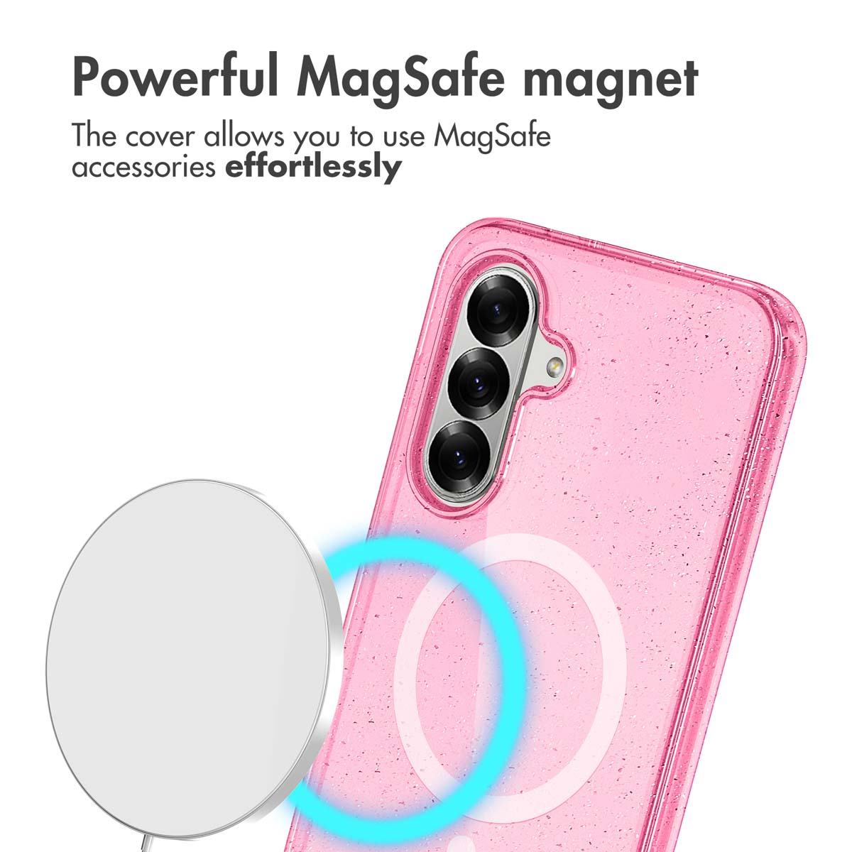 Funda de teléfono rosa brillante con anillo MagSafe y cargador blanco.