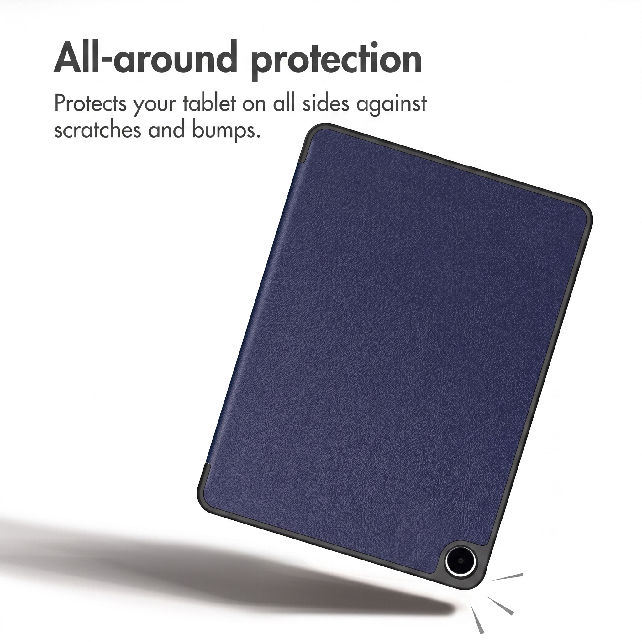 A blue tablet protective case with black edges and text on the upper left.