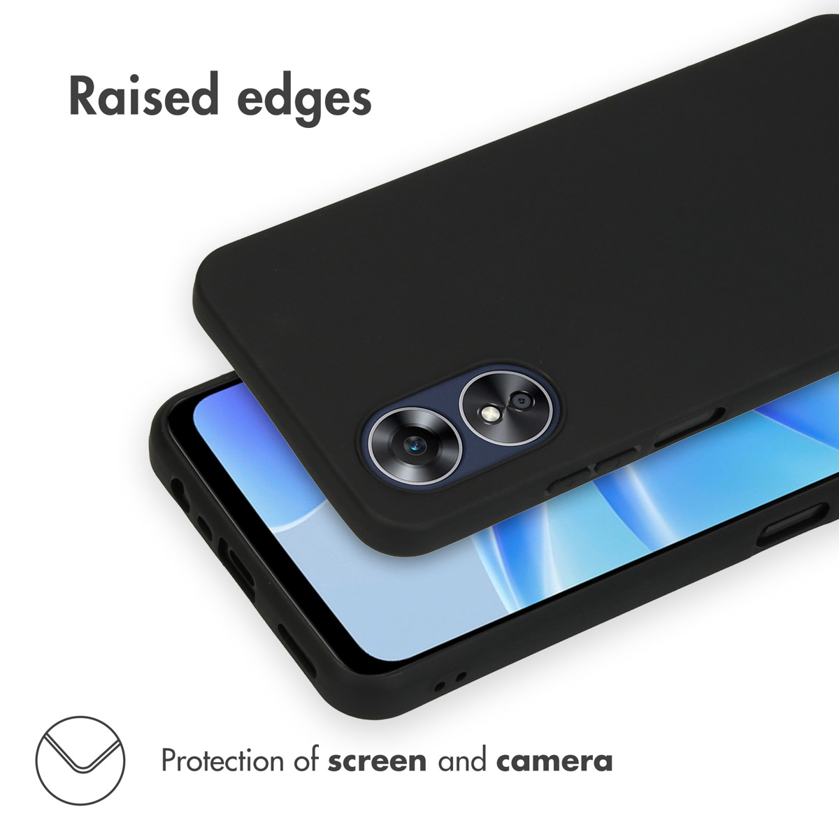 Custodia protettiva nera su uno smartphone, mostra bordi rialzati per proteggere schermo e fotocamera.