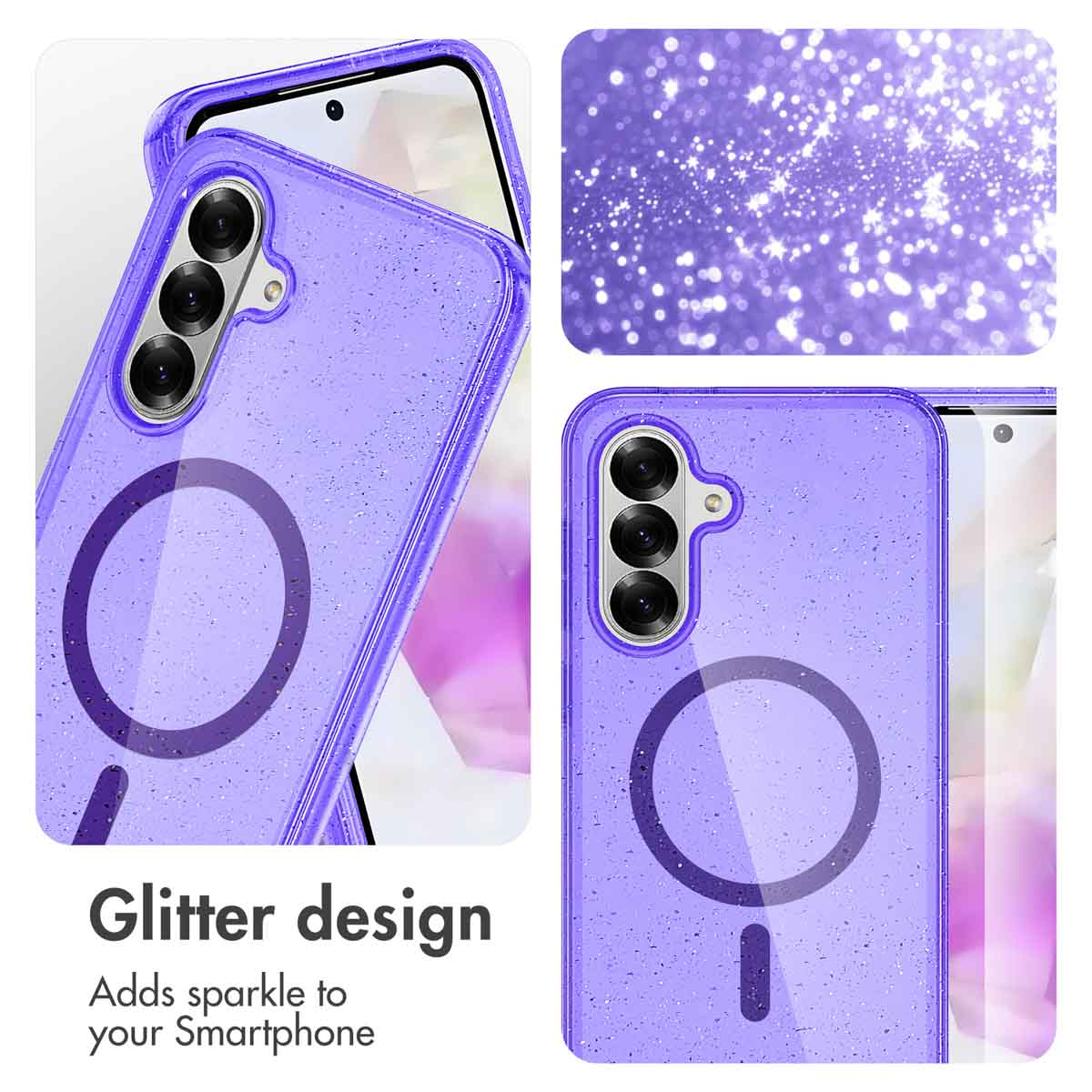 Funda de móvil brillante en color morado con anillo magnético y texto.