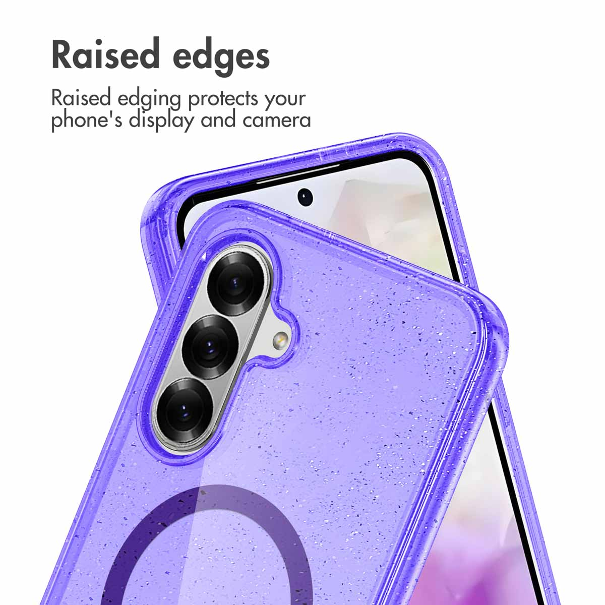Fundador de móvil morado brillante con bordes elevados que protegen pantalla y cámara, con texto Raised edges.