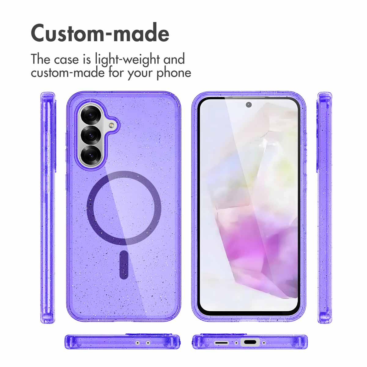 Funda de teléfono morada con purpurina y anillo magnético, mostrada desde varios ángulos con texto.