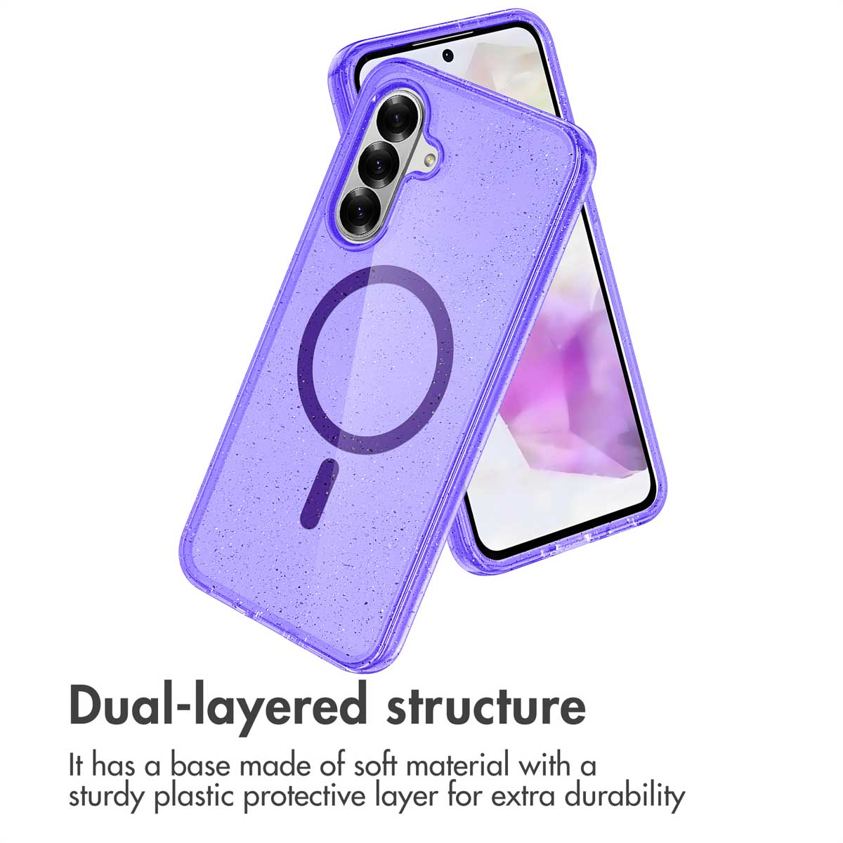 Un smartphone en una funda morada brillante con anillo magnético en la parte posterior, sobre fondo blanco.
