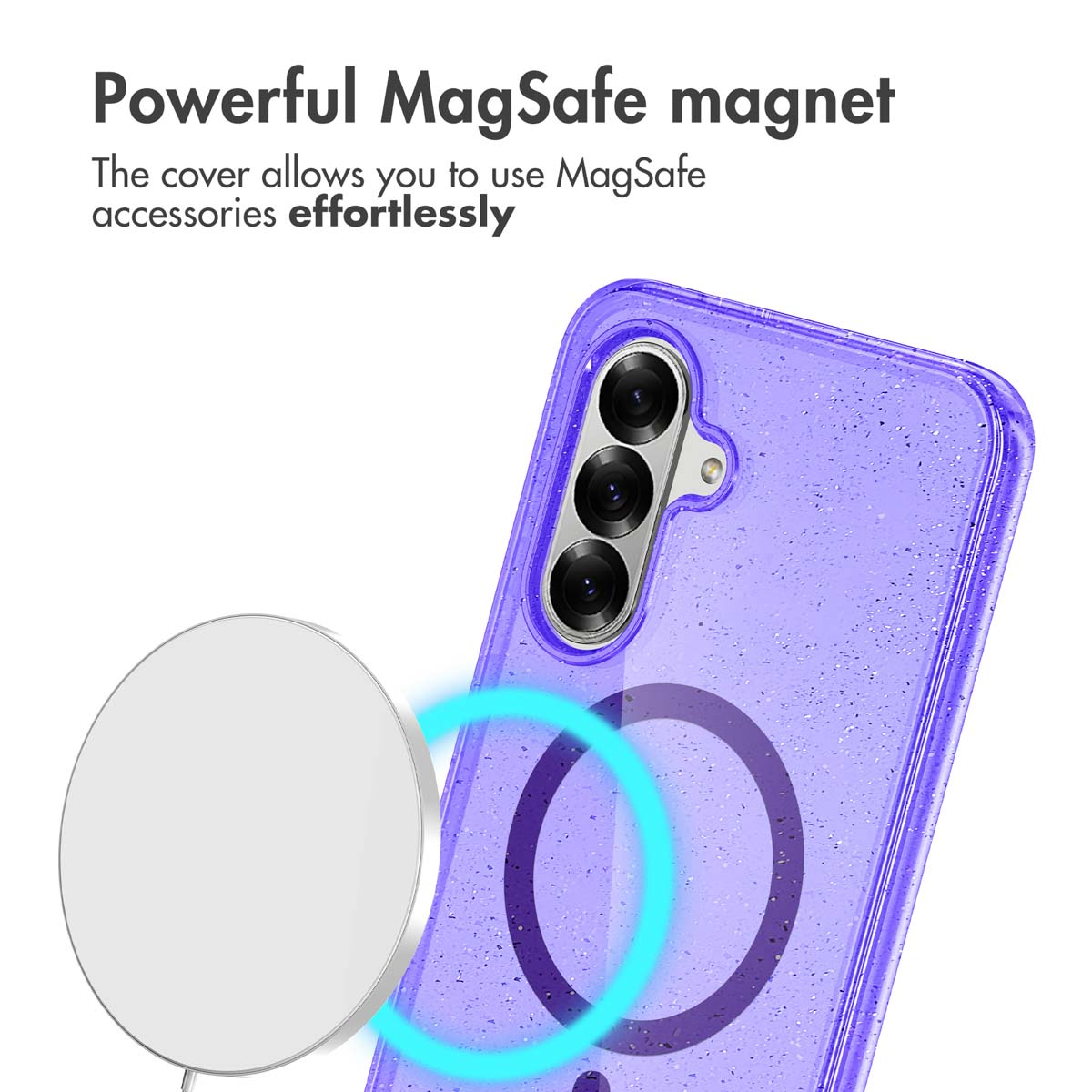 Una funda de teléfono morada con purpurina, anillo MagSafe y cargador inalám.
