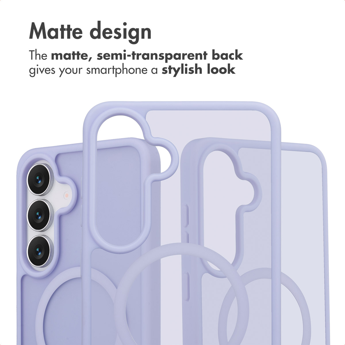 Matte, halfdoorzichtige paarse telefoonhoes met kamerauitsparing en tekst.